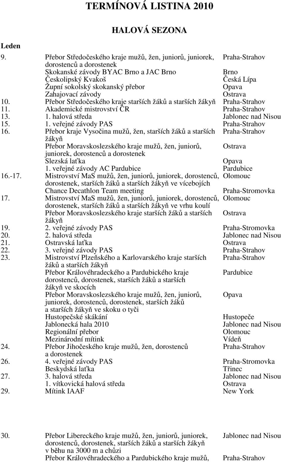 Opava Zahajovací závody Ostrava 10. 11. Přebor Středočeského kraje starších žáků a starších žákyň Praha-Strahov Akademické mistrovství ČR Praha-Strahov 13. 1. halová středa Jablonec nad Nisou 15. 1. veřejné závody PAS Praha-Strahov 16.