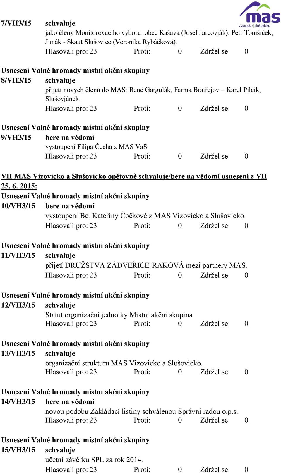 9/VH3/15 bere na vědomí vystoupení Filipa Čecha z MAS VaS VH MAS Vizovicko a Slušovicko opětovně schvaluje/bere na vědomí usnesení z VH 25. 6. 2015: 10/VH3/15 bere na vědomí vystoupení Bc.