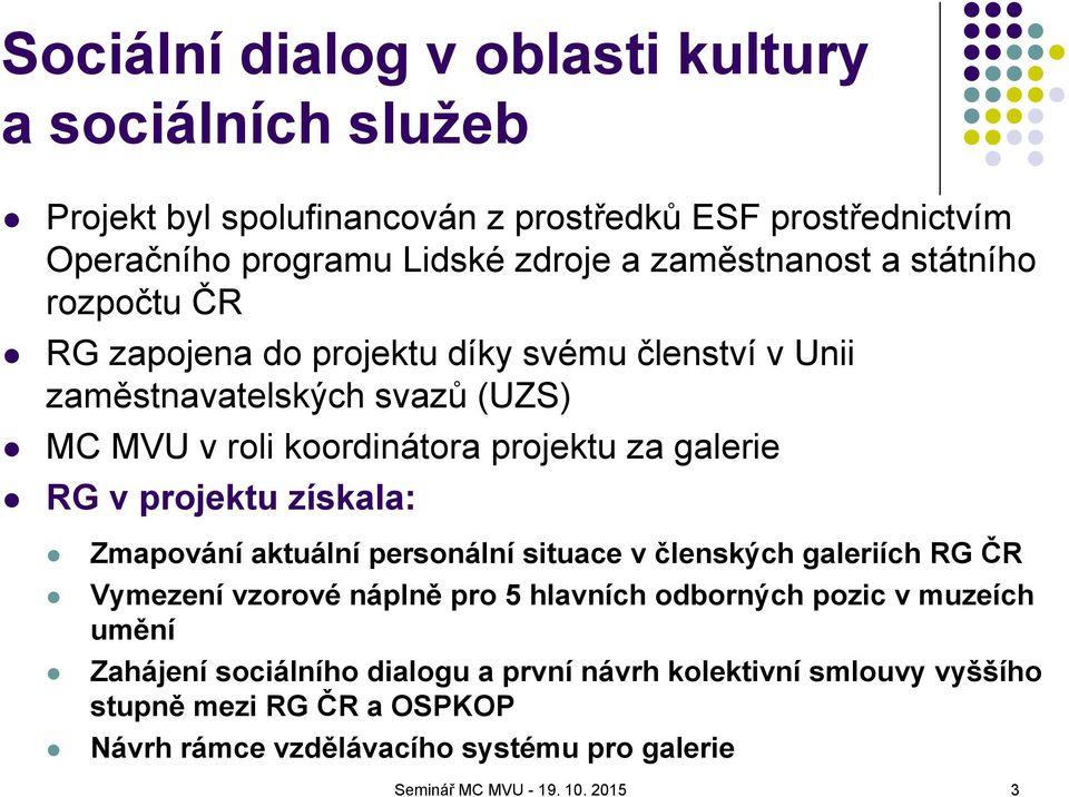 galerie RG v projektu získala: Zmapování aktuální personální situace v členských galeriích RG ČR Vymezení vzorové náplně pro 5 hlavních odborných pozic v muzeích