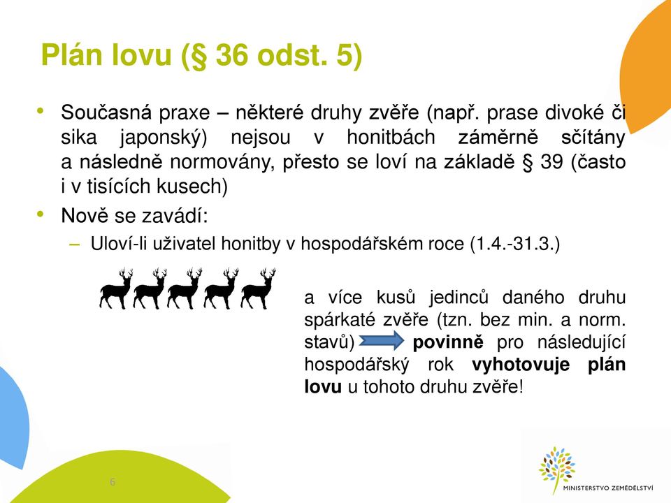 základě 39 (často i v tisících kusech) Nově se zavádí: Uloví-li uživatel honitby v hospodá ském roce (1.4.-31.3.) a více kusů jedinců daného druhu spárkaté zvě e (tzn.