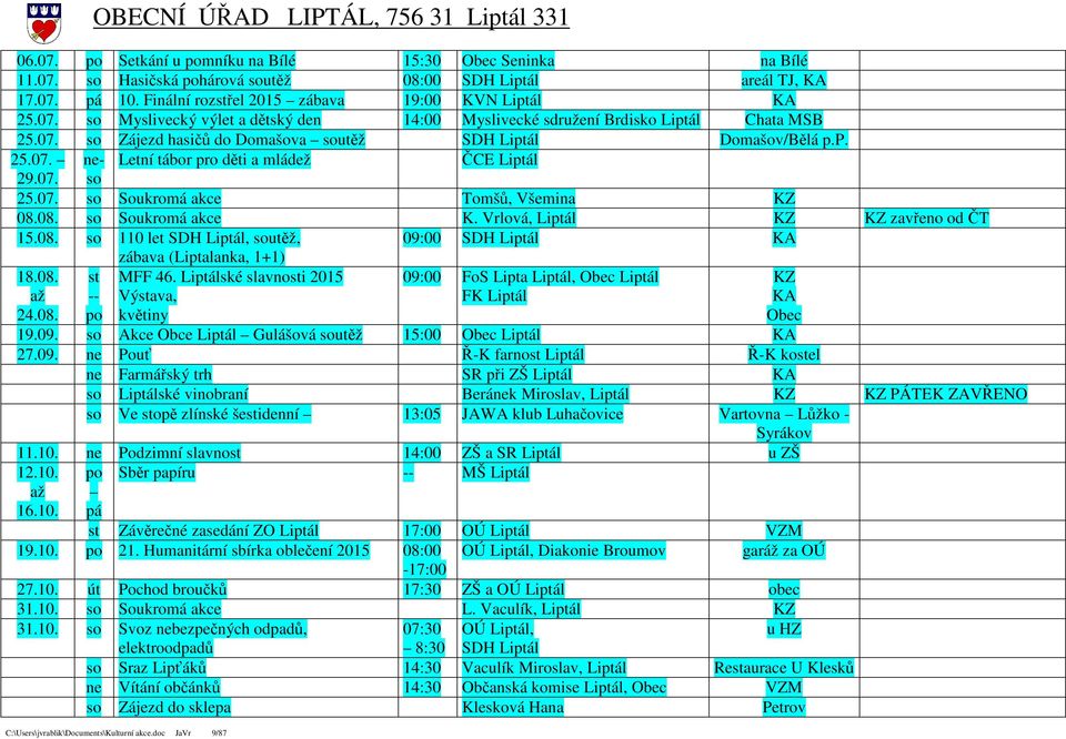 Vrlová, Liptál KZ KZ zavřeno od ČT 15.08. so 110 let SDH Liptál, soutěž, 09:00 SDH Liptál KA 18.08. 24.08. st -- zábava (Liptalanka, 1+1) MFF 46.