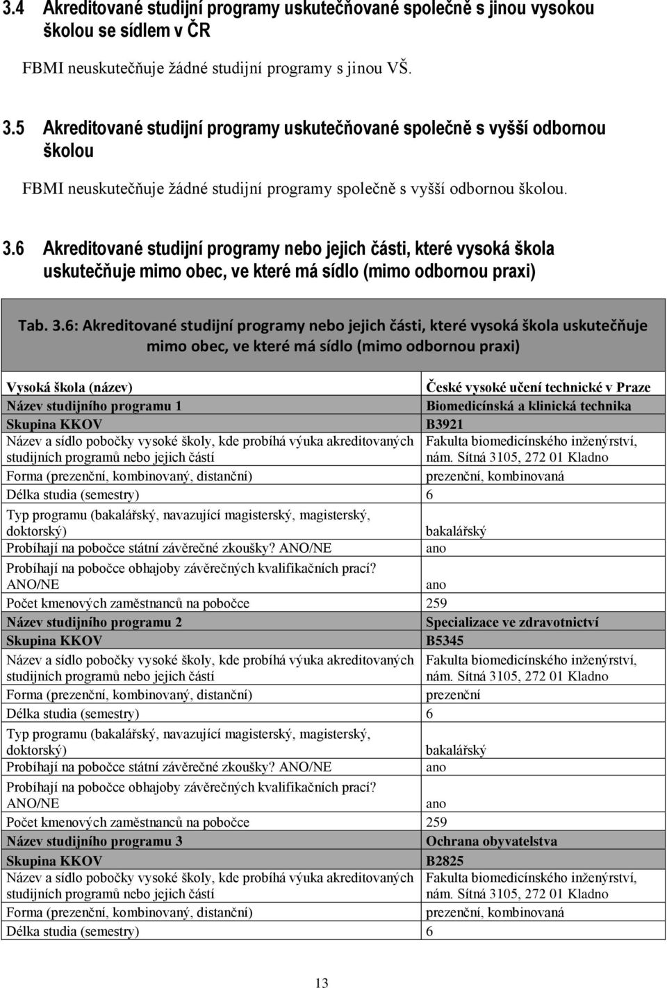 6 Akreditované studijní programy nebo jejich části, které vysoká škola uskutečňuje mimo obec, ve které má sídlo (mimo odbornou praxi) Tab. 3.