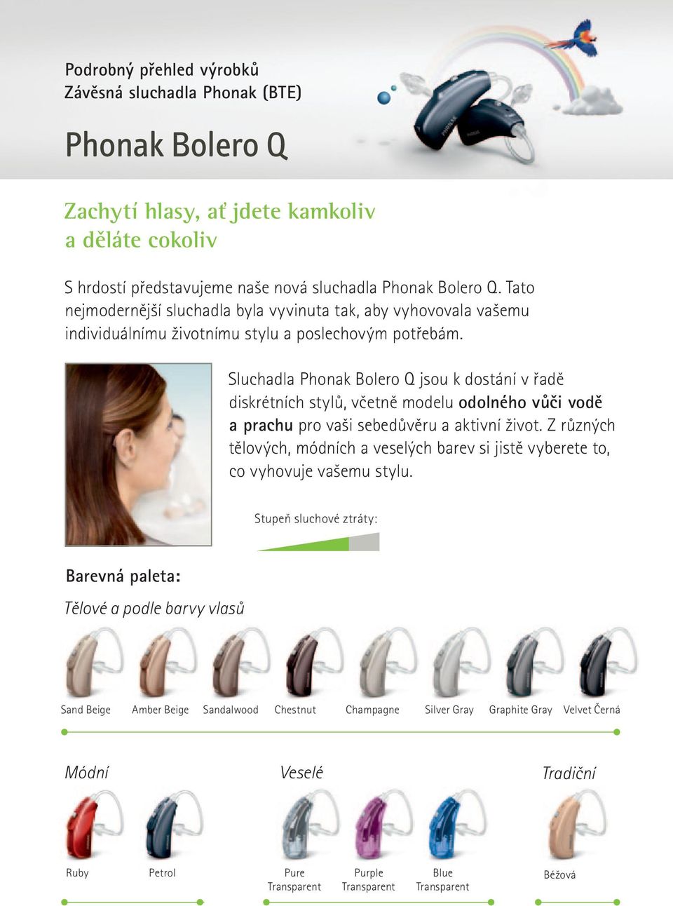Sluchadla Phonak Bolero Q jsou k dostání v řadě diskrétních stylů, včetně modelu odolného vůči vodě a prachu pro vaši sebedůvěru a aktivní život.