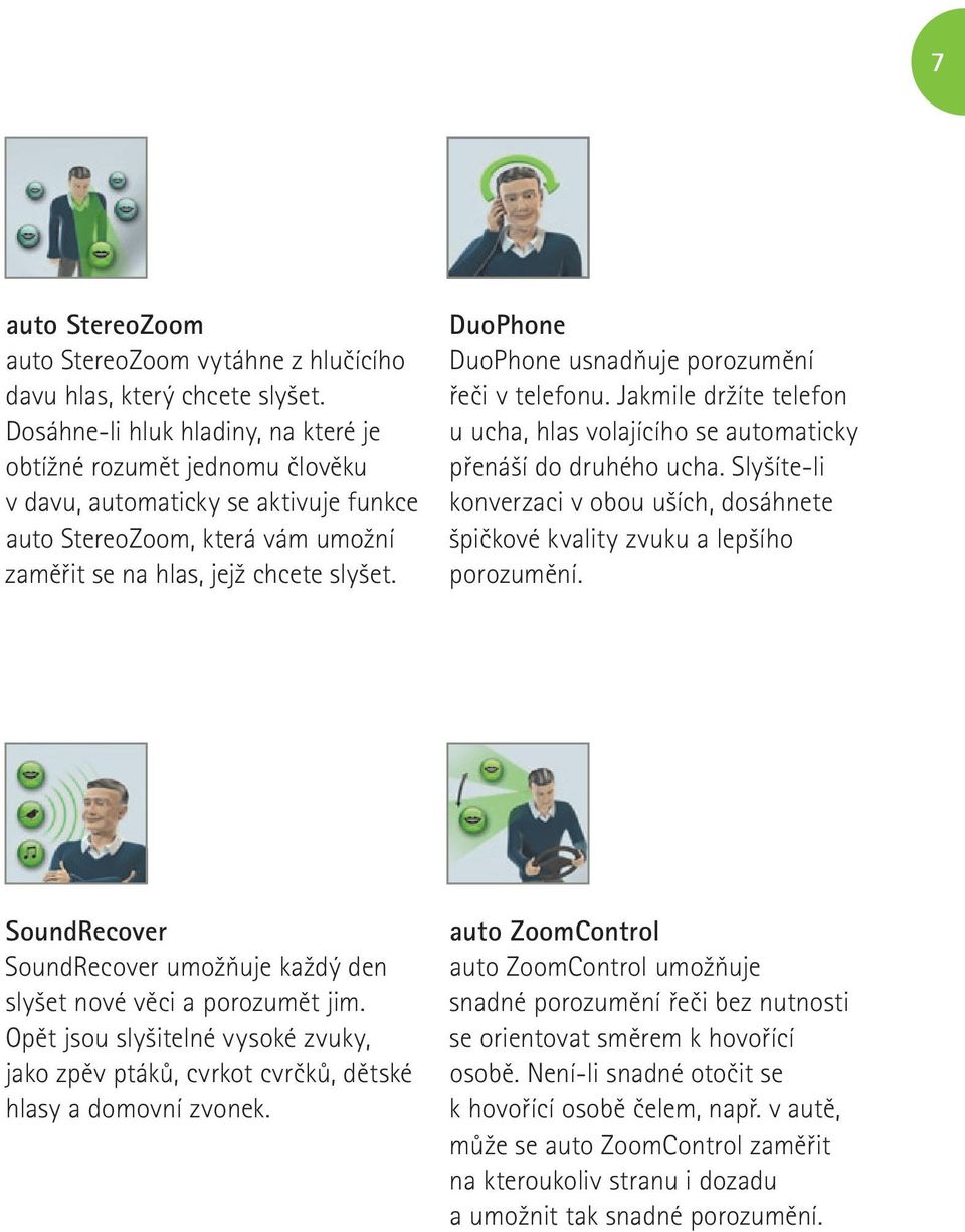 DuoPhone DuoPhone usnadňuje porozumění řeči v telefonu. Jakmile držíte telefon u ucha, hlas volajícího se automaticky přenáší do druhého ucha.