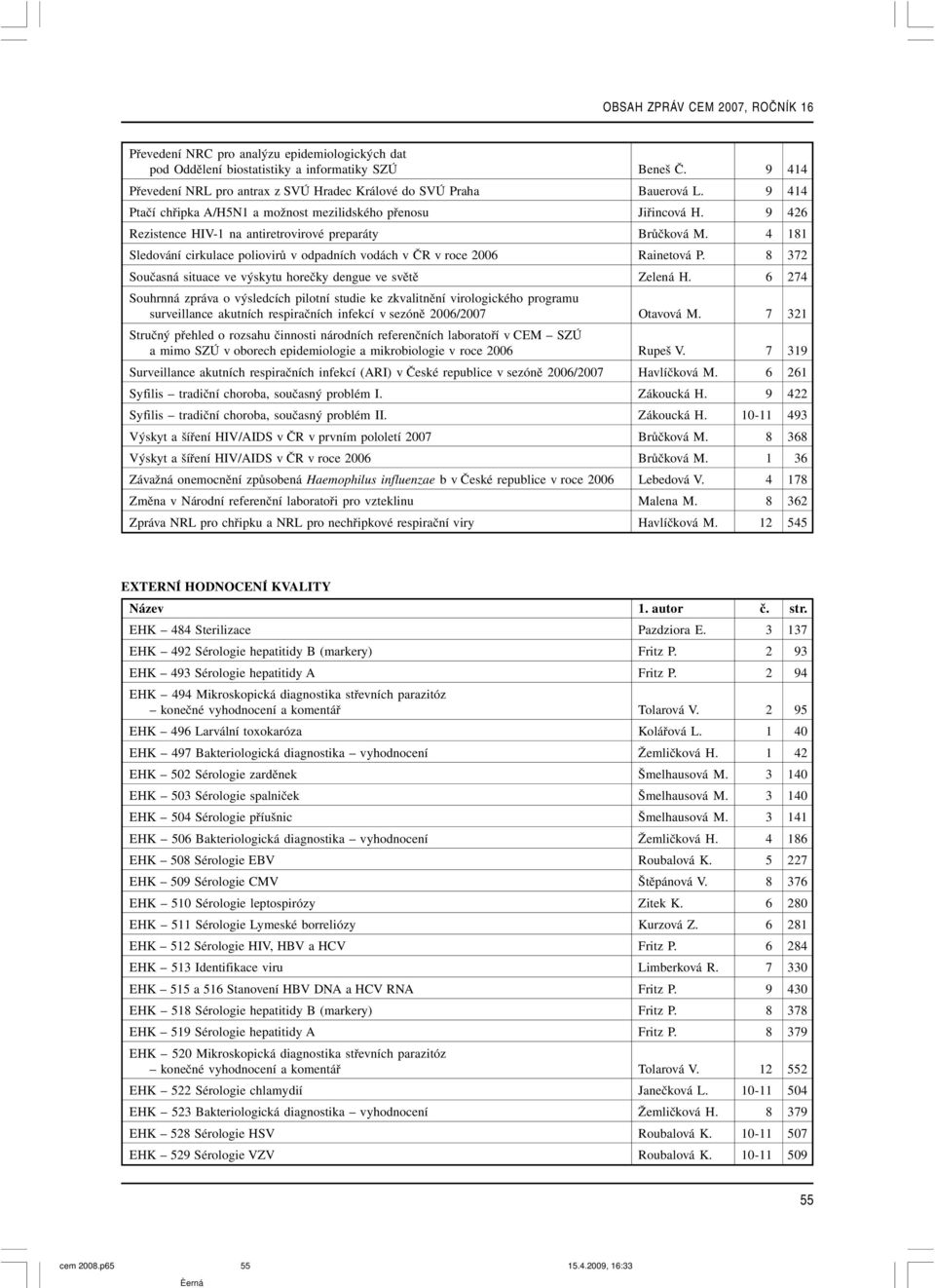 4 181 Sledování cirkulace poliovirů v odpadních vodách v ČR v roce 2006 Rainetová P. 8 372 Současná situace ve výskytu horečky dengue ve světě Zelená H.