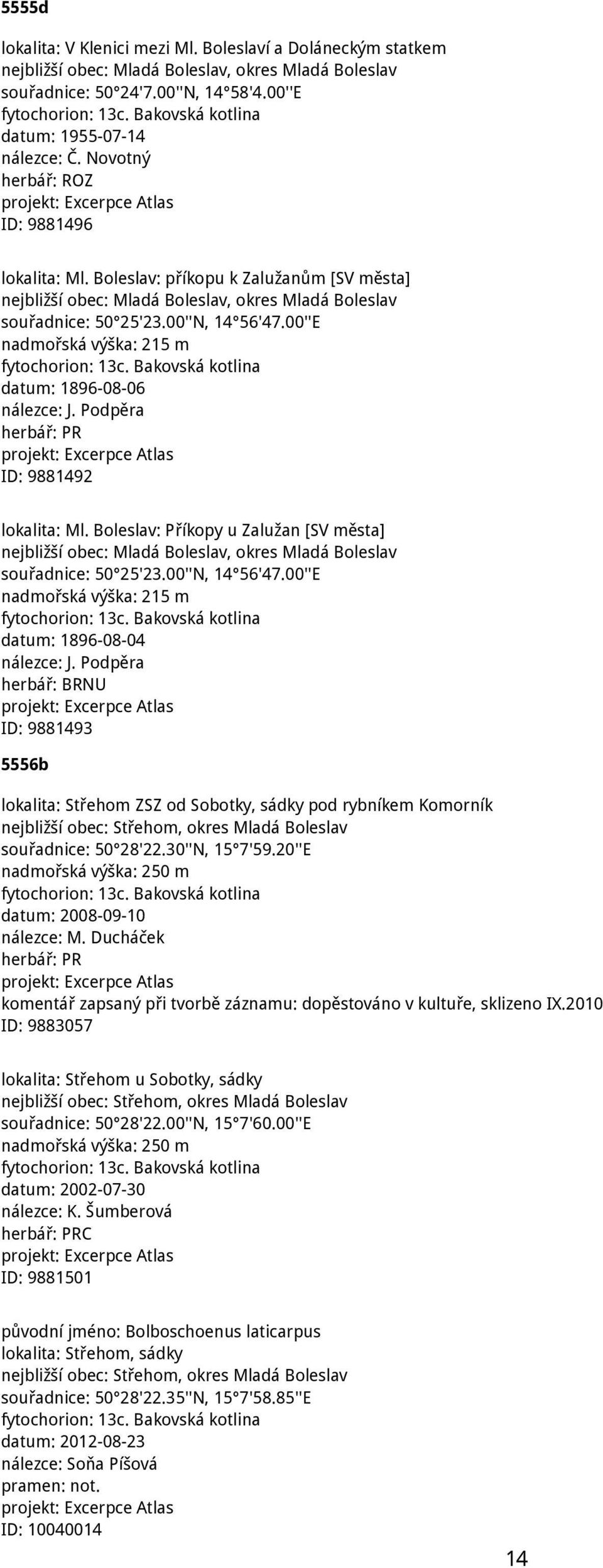 00''N, 14 56'47.00''E nadmořská výška: 215 m fytochorion: 13c. Bakovská kotlina datum: 1896-08-06 nálezce: J. Podpěra ID: 9881492 lokalita: Ml.