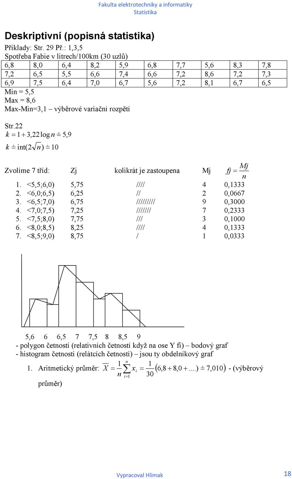 rozpětí tr. k, log & 5,9 k & t( ) & Zvolíme 7 tříd: Zj kolkrát je zastoupea Mj Mj fj. <5,5;6,) 5,75 //// 4,. <6,;6,5) 6,5 //,667. <6,5;7,) 6,75 ///////// 9, 4.