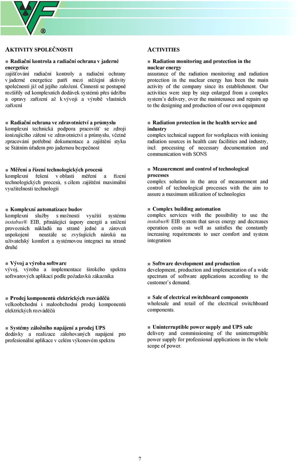 Činnosti se postupně rozšířily od komplexních dodávek systémů přes údržbu a opravy zařízení až k vývoji a výrobě vlastních zařízení ACTIVITIES Radiation monitoring and protection in the nuclear