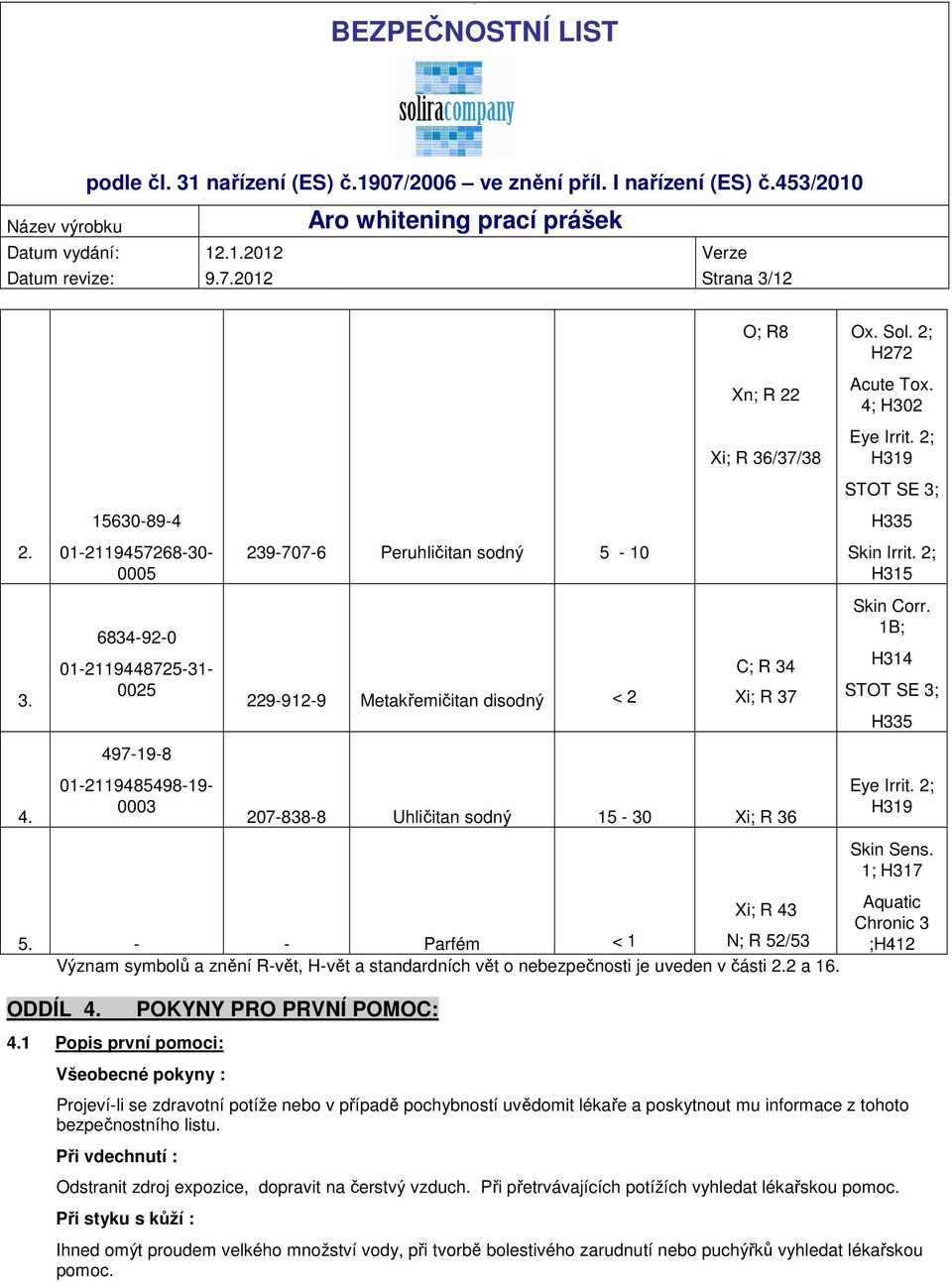 R 34 Xi; R 37 207-838-8 Uhličitan sodný 15-30 Xi; R 36 5. - - Parfém < 1 N; R 52/53 Význam symbolů a znění R-vět, H-vět a standardních vět o nebezpečnosti je uveden v části 2.2 a 16. ODDÍL 4.