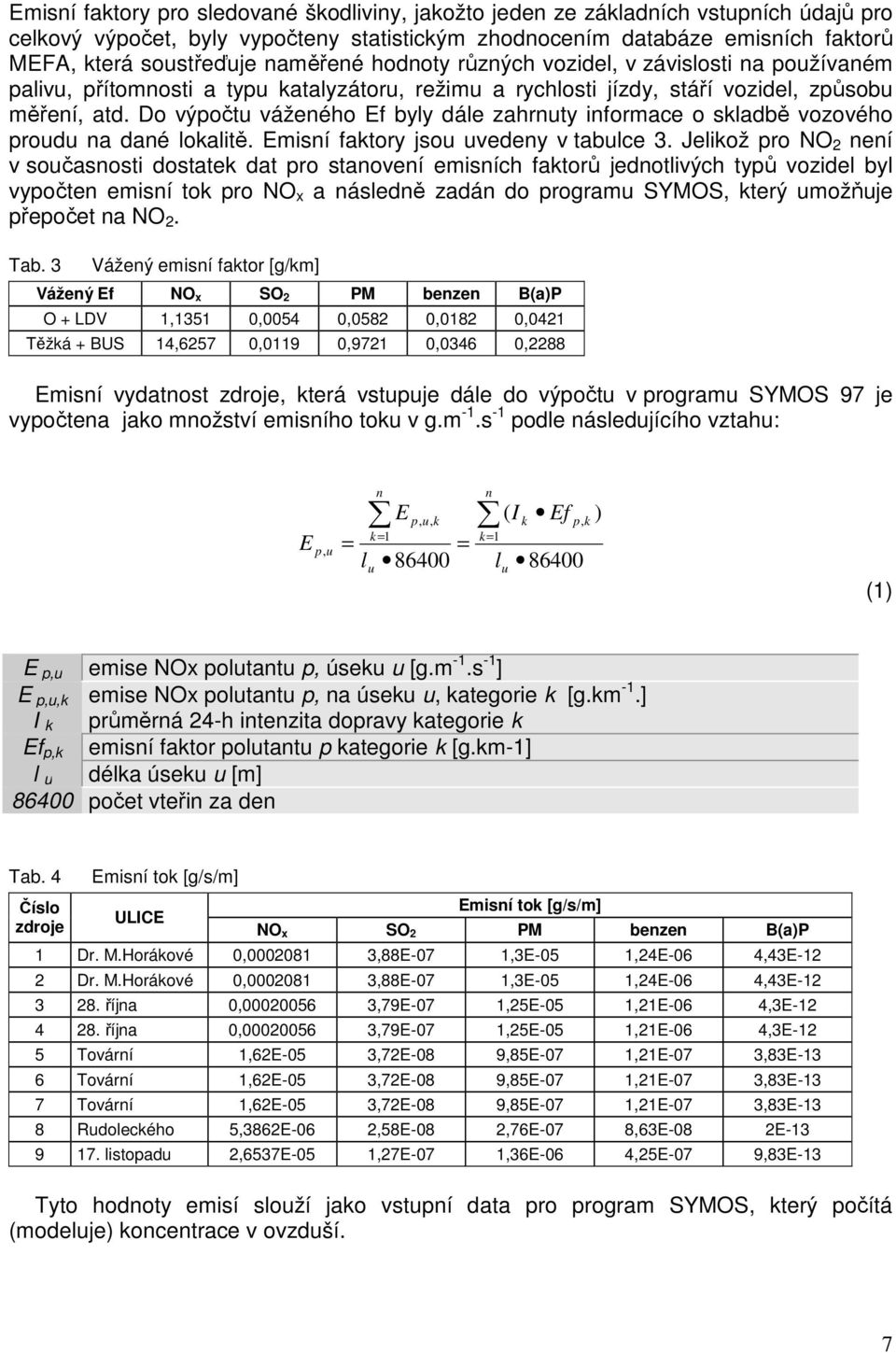 Do výpočtu váženého Ef byly dále zahrnuty informace o skladbě vozového proudu na dané lokalitě. Emisní faktory jsou uvedeny v tabulce 3.