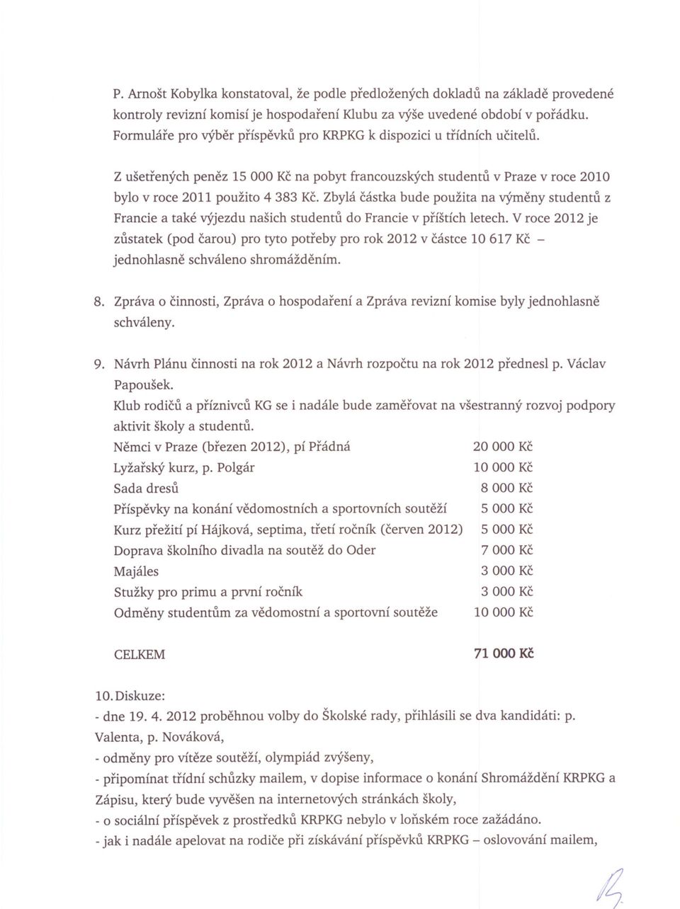 Zbylá cástka bude použita na výmeny studentu z Francie a také výjezdu našich studentu do Francie v príštích letech.