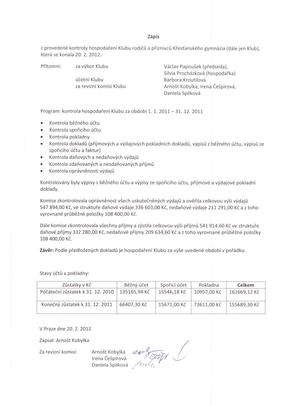 kontrola hospodarení Klubu za období 1. 1. 2011-31. 12.