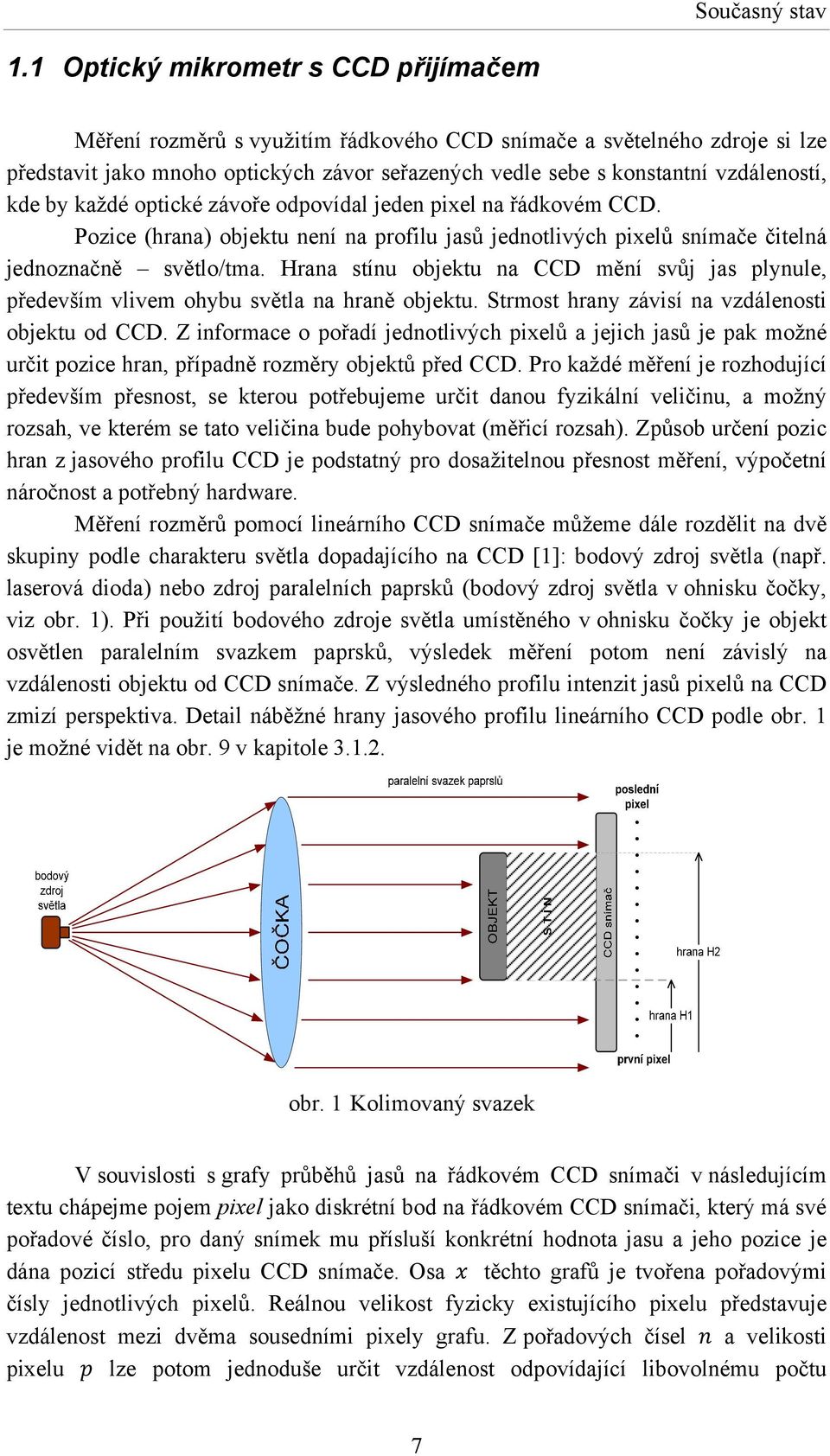 kde by každé optické závoře odpovídal jeden pixel na řádkovém CCD. Pozice (hrana) objektu není na profilu jasů jednotlivých pixelů snímače čitelná jednoznačně světlo/tma.