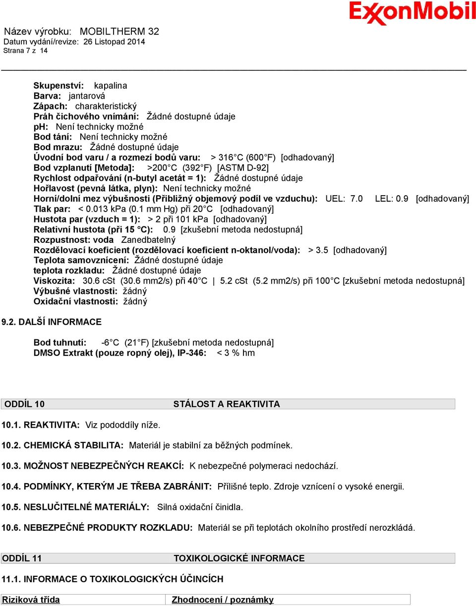 Hořlavost (pevná látka, plyn): Není technicky možné Horní/dolní mez výbušnosti (Přibližný objemový podíl ve vzduchu): UEL: 7.0 LEL: 0.9 [odhadovaný] Tlak par: < 0.013 kpa (0.