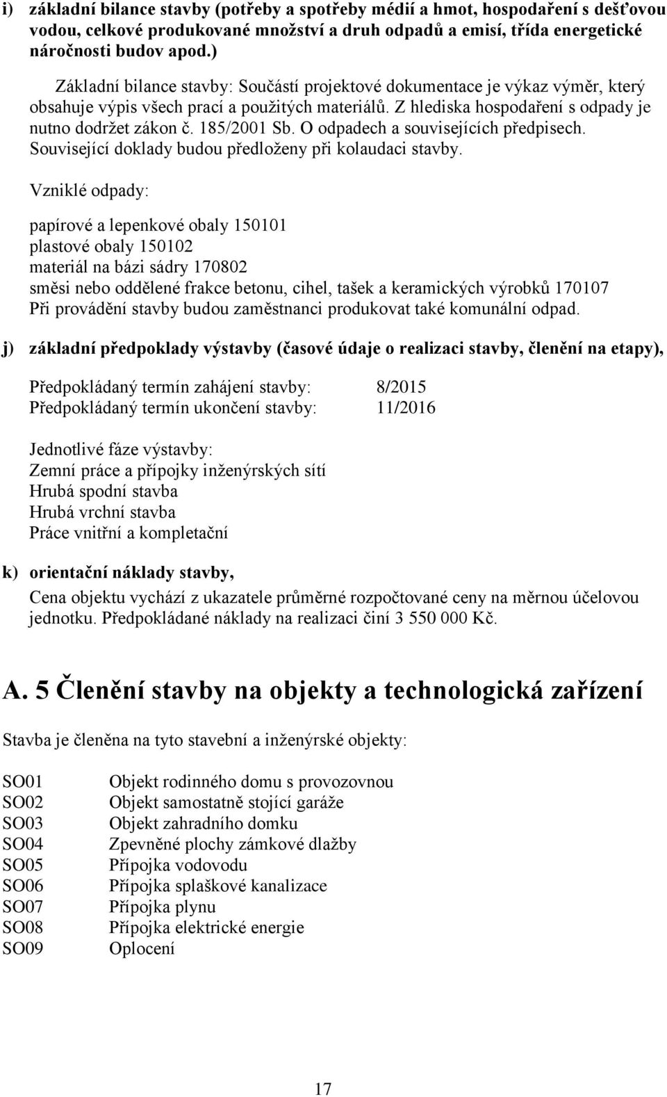 185/2001 Sb. O odpadech a souvisejících předpisech. Související doklady budou předloženy při kolaudaci stavby.