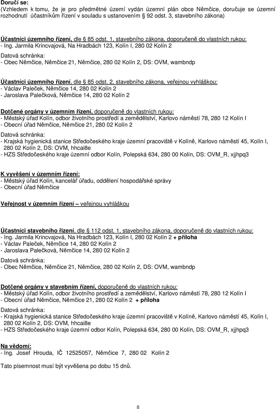 Jarmila Krincvajová, Na Hradbách 123, Kolín I, 280 02 Kolín 2 Datová schránka: - Obec Němčice, Němčice 21, Němčice, 280 02 Kolín 2, DS: OVM, wambndp Účastníci územního řízení, dle 85 odst.