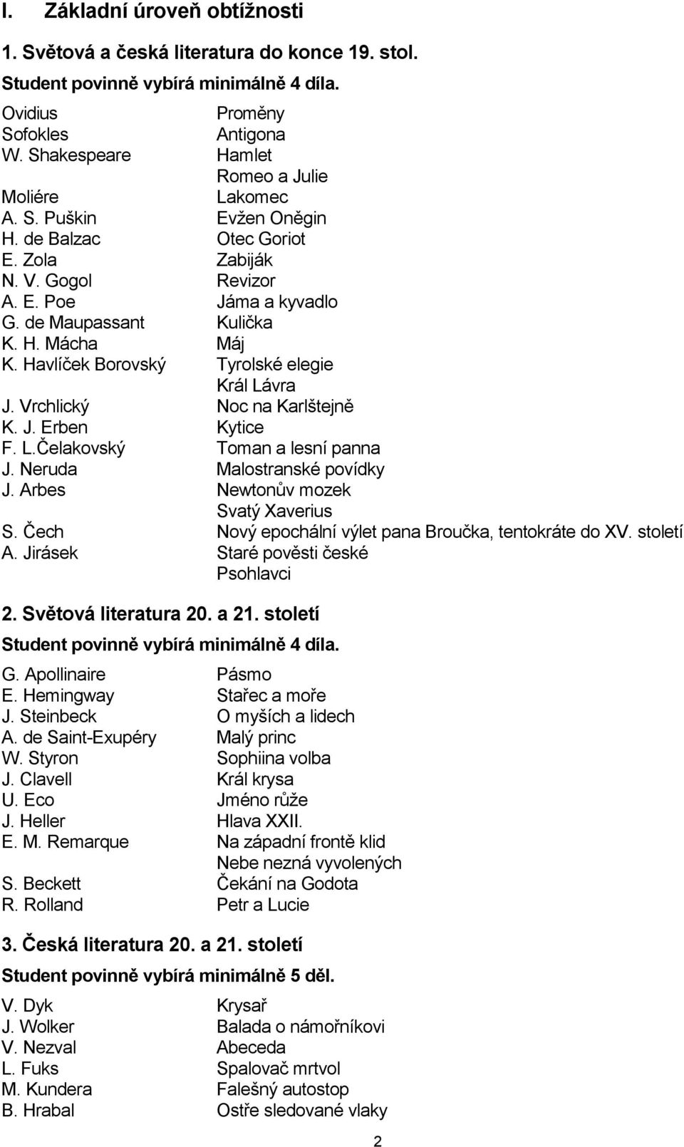 Havlíček Borovský Tyrolské elegie Král Lávra J. Vrchlický Noc na Karlštejně K. J. Erben Kytice F. L.Čelakovský Toman a lesní panna J. Neruda Malostranské povídky J.