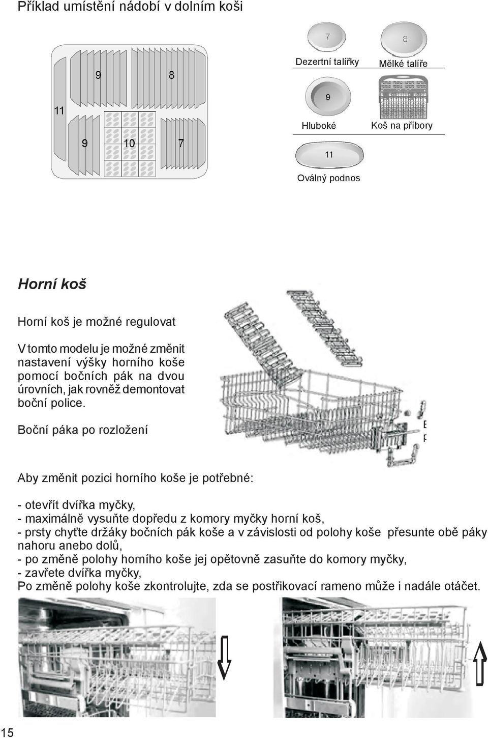 Boční páka po rozložení Boczna dźwignia po rozłożeniu Aby změnit pozici horního koše je potřebné: - otevřít dvířka myčky, - maximálně vysuňte dopředu z komory myčky horní koš, - prsty
