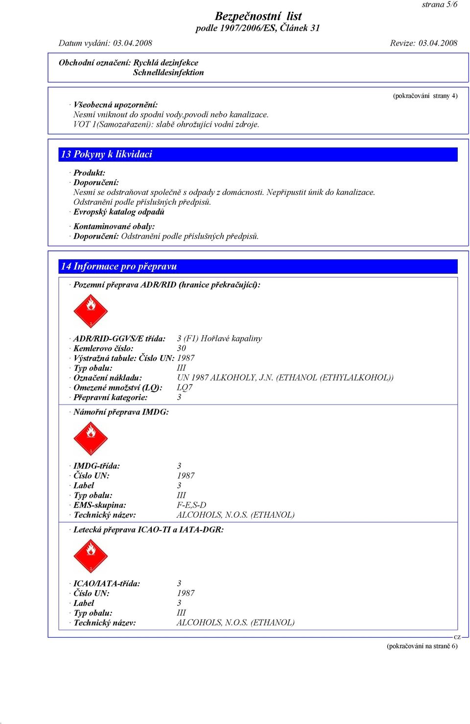 Evropský katalog odpadů Kontaminované obaly: Doporučení: Odstranění podle příslušných předpisů.