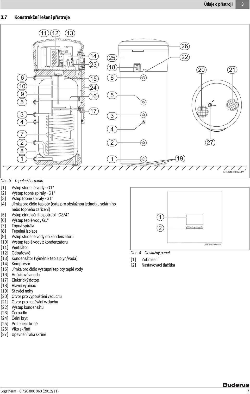 [5] Vstup cirkulačního potrubí - G3/4" [6] Výstup teplé vody G1" [7] Topná spirála [8] Tepelná izolace [9] Vstup studené vody do kondenzátoru [10] Výstup teplé vody z kondenzátoru [11] Ventilátor