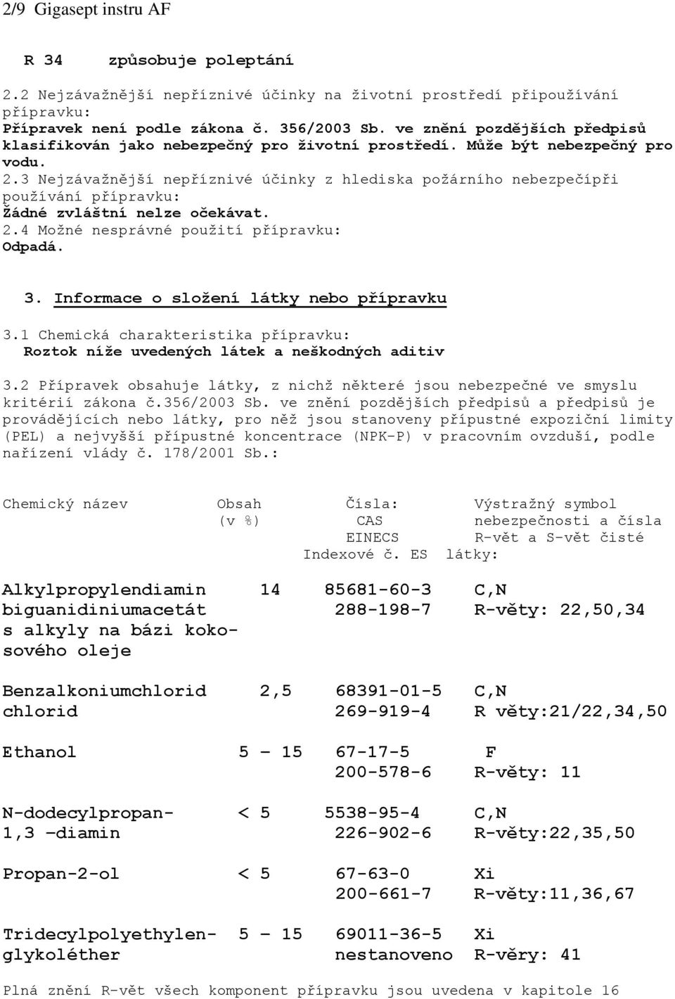 3 Nejzávažnější nepříznivé účinky z hlediska požárního nebezpečípři používání přípravku: Žádné zvláštní nelze očekávat. 2.4 Možné nesprávné použití přípravku: Odpadá. 3.