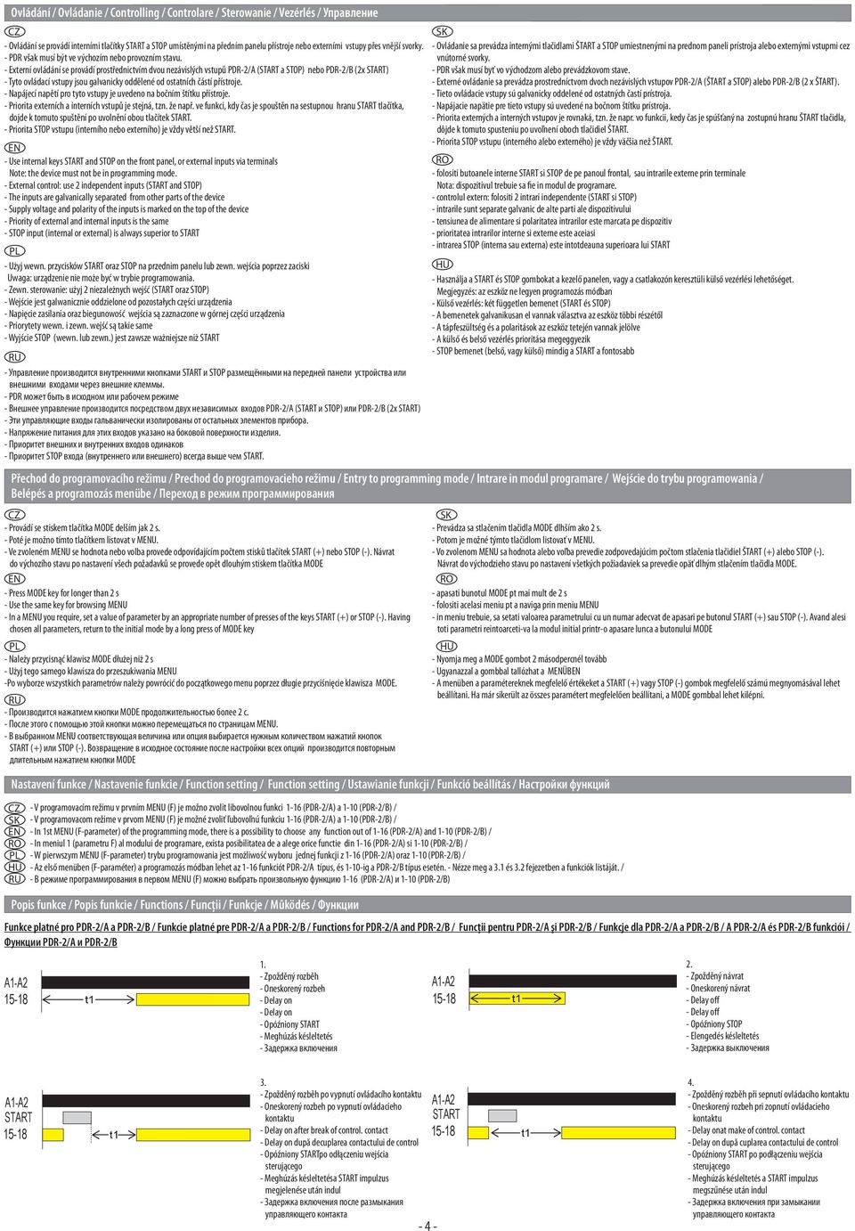 - Externí ovládání se provádí prostřednictvím dvou nezávislých vstupů PDR-2/A ( a STOP) nebo PDR-2/B (2x ) - Tyto ovládací vstupy jsou galvanicky oddělené od ostatních částí přístroje.