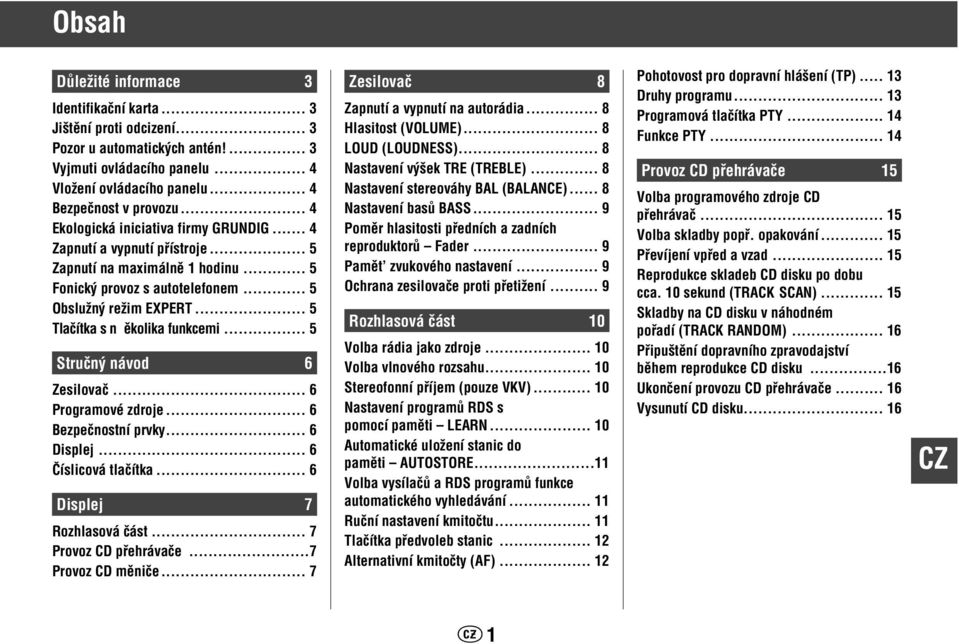 .. 5 Tlaãítka s n ûkolika funkcemi... 5 Struãn návod 6 Zesilovaã... 6 Programové zdroje... 6 Bezpeãnostní prvky... 6 Displej... 6 âíslicová tlaãítka... 6 Displej 7 Rozhlasová ãást.