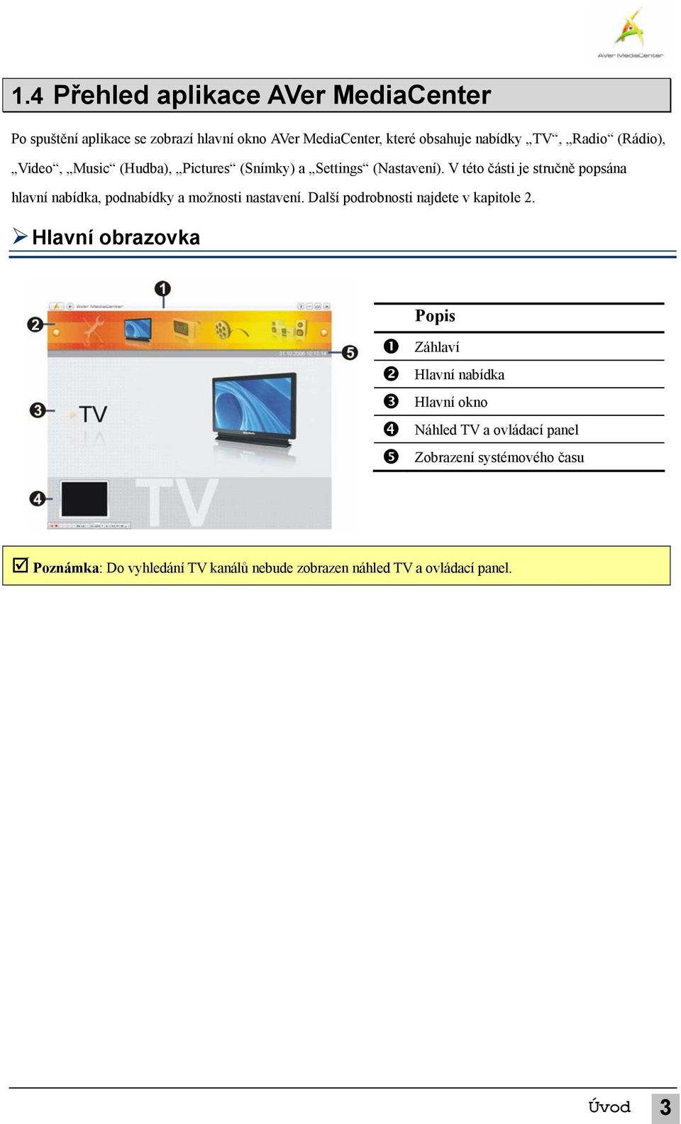 V této části je stručně popsána hlavní nabídka, podnabídky a možnosti nastavení. Další podrobnosti najdete v kapitole 2.