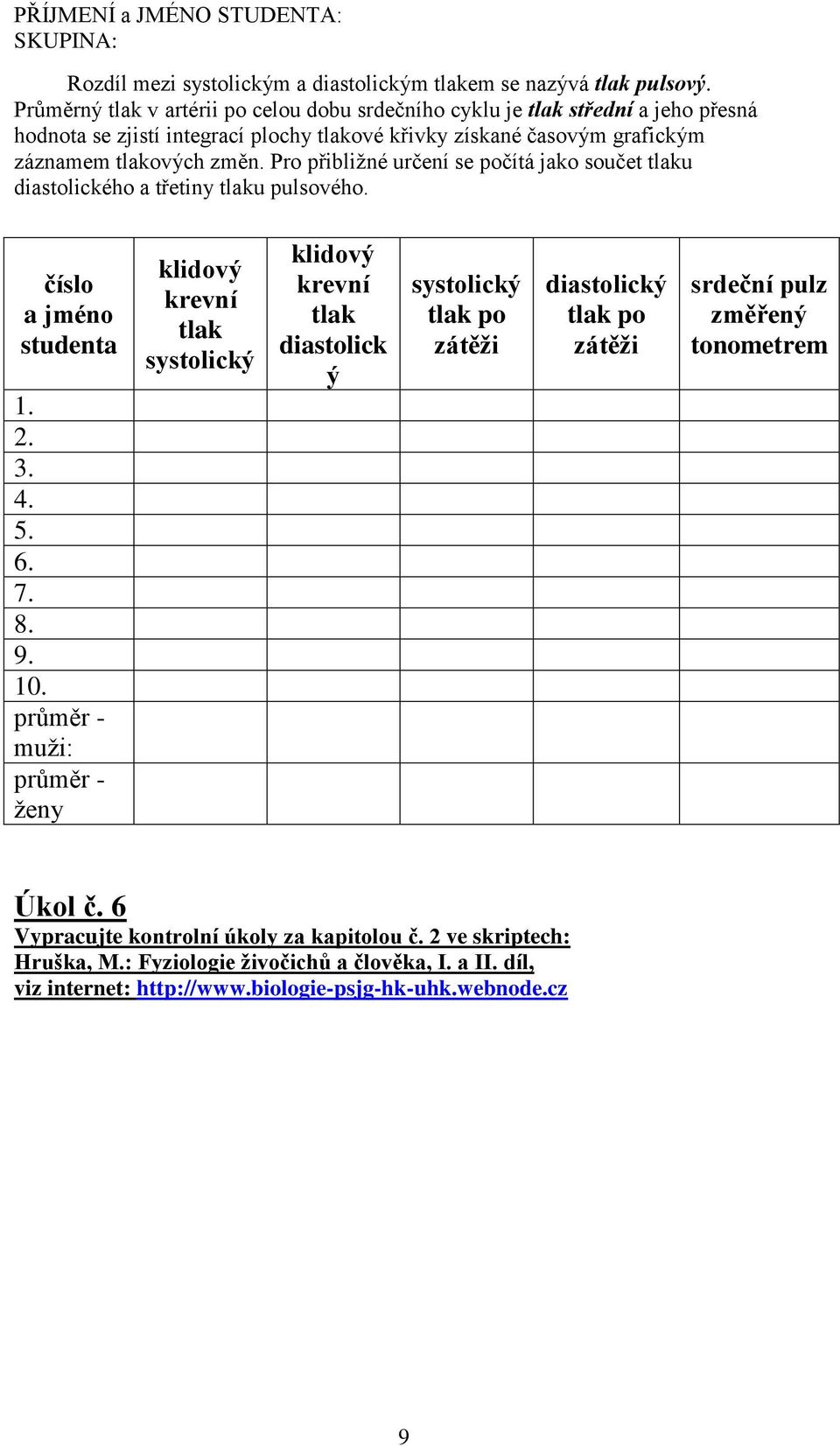 Pro přibliţné určení se počítá jako součet tlaku diastolického a třetiny tlaku pulsového. číslo a jméno studenta 1. 2. 3. 4. 5. 6. 7. 8. 9. 10.