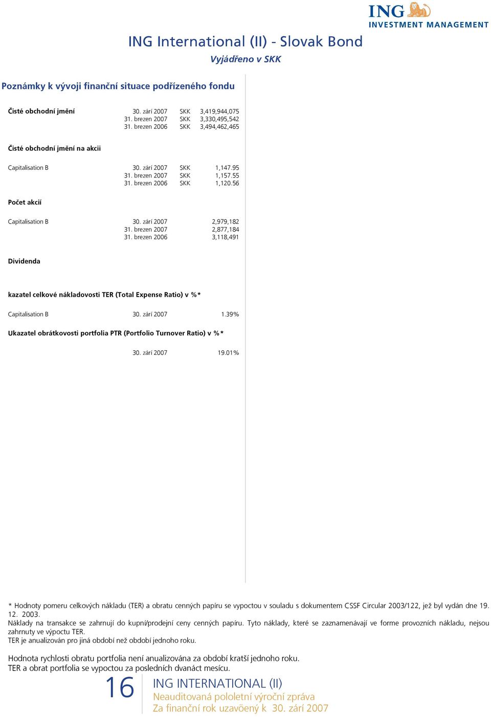 zárí 2007 2,979,182 31. brezen 2007 2,877,184 31. brezen 2006 3,118,491 Dividenda kazatel celkové nákladovosti TER (Total Expense Ratio) v %* Capitalisation B 30. zárí 2007 1.