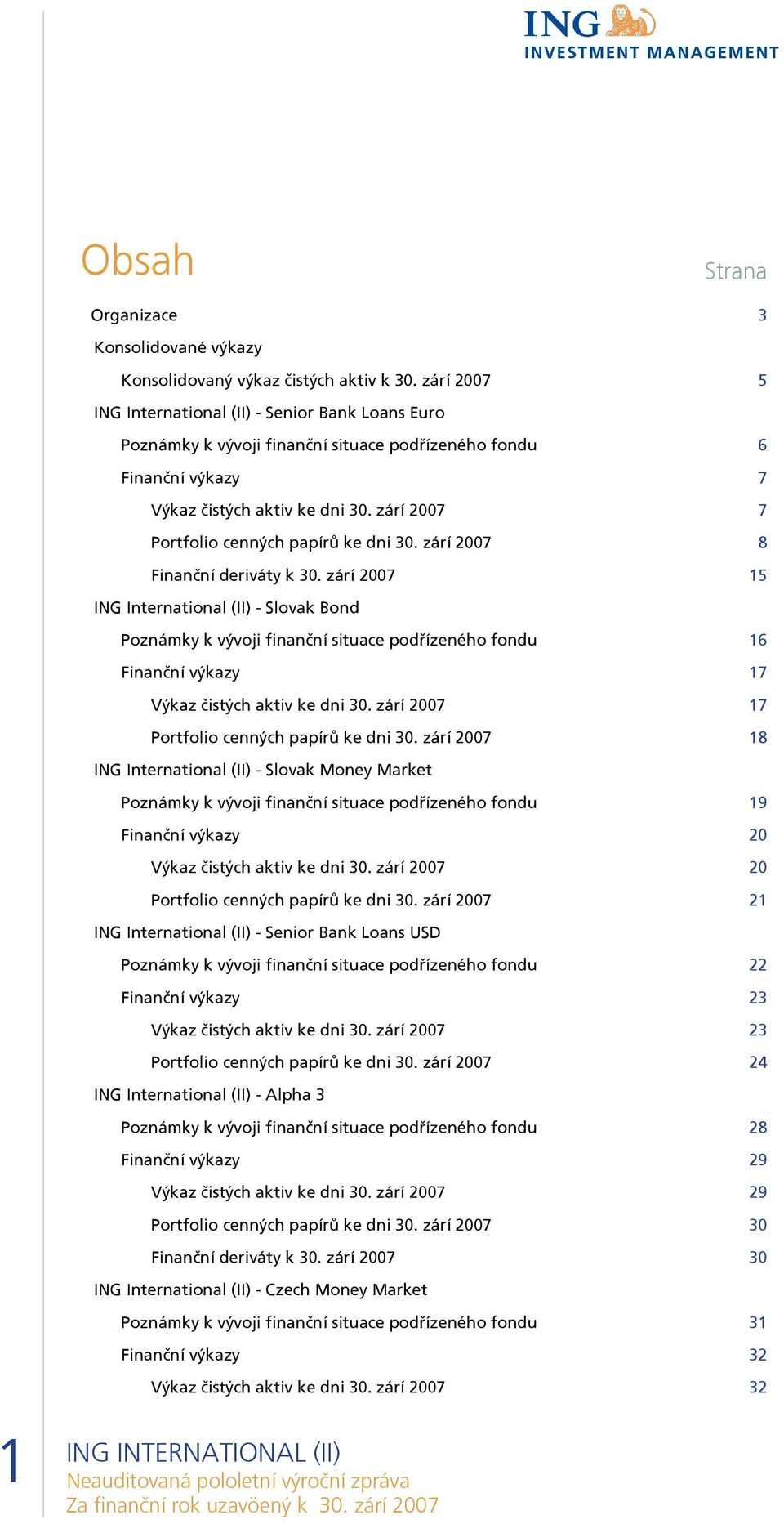 zárí 2007 7 Portfolio cenných papírů ke dni 30. zárí 2007 8 Finanční deriváty k 30.