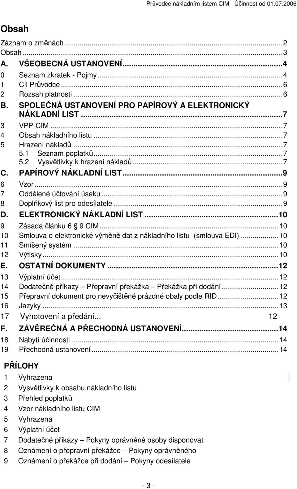 PAPÍROVÝ NÁKLADNÍ LIST... 9 6 Vzor... 9 7 Oddělené účtování úseku... 9 8 Doplňkový list pro odesílatele... 9 D. ELEKTRONICKÝ NÁKLADNÍ LIST... 10 9 Zásada článku 6 9 CIM.