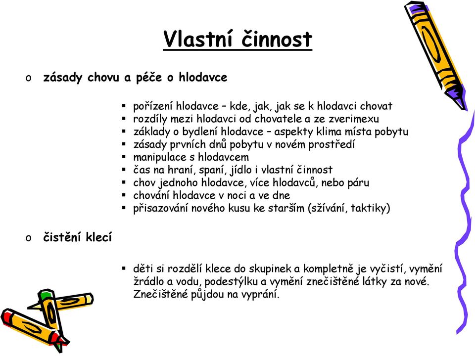 činnst chv jednh hldavce, více hldavců, neb páru chvání hldavce v nci a ve dne přisazvání nvéh kusu ke starším (sžívání, taktiky) čistění klecí