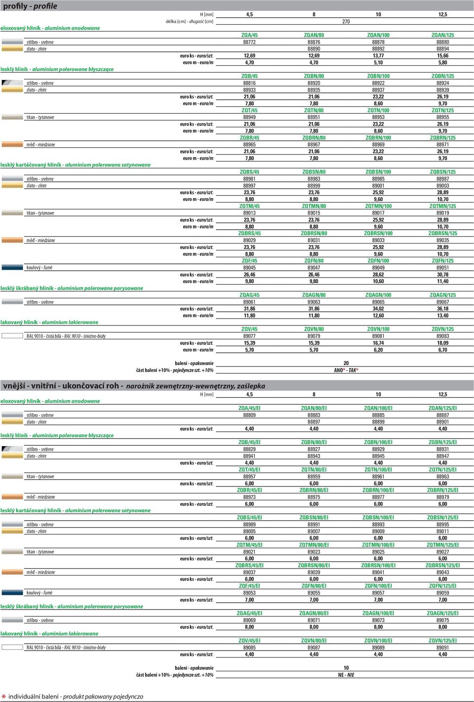 12,69 12,69 13,77 15,66 euro m - euro/m 4,70 4,70 5,10 5,80 lesklý hliník - aluminium polerowane błyszczące ZQB/45 ZQBN/80 ZQBN/100 ZQBN/125 stříbro - srebrne 88816 88920 88922 88924 zlato - złote