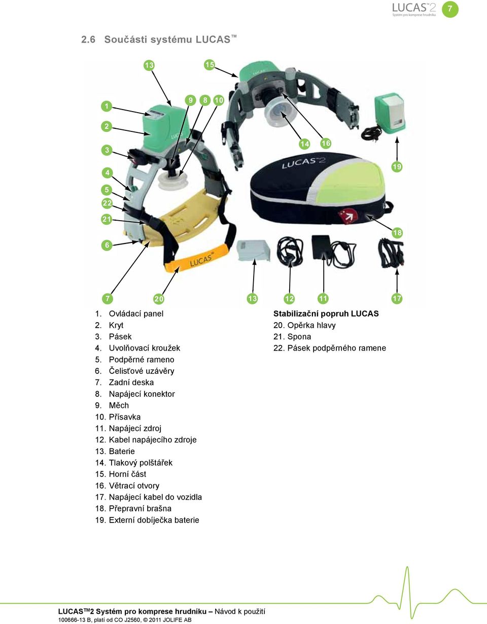 Napájecí zdroj 12. Kabel napájecího zdroje 13. Baterie 14. Tlakový polštářek 15. Horní část 16. Větrací otvory 17.