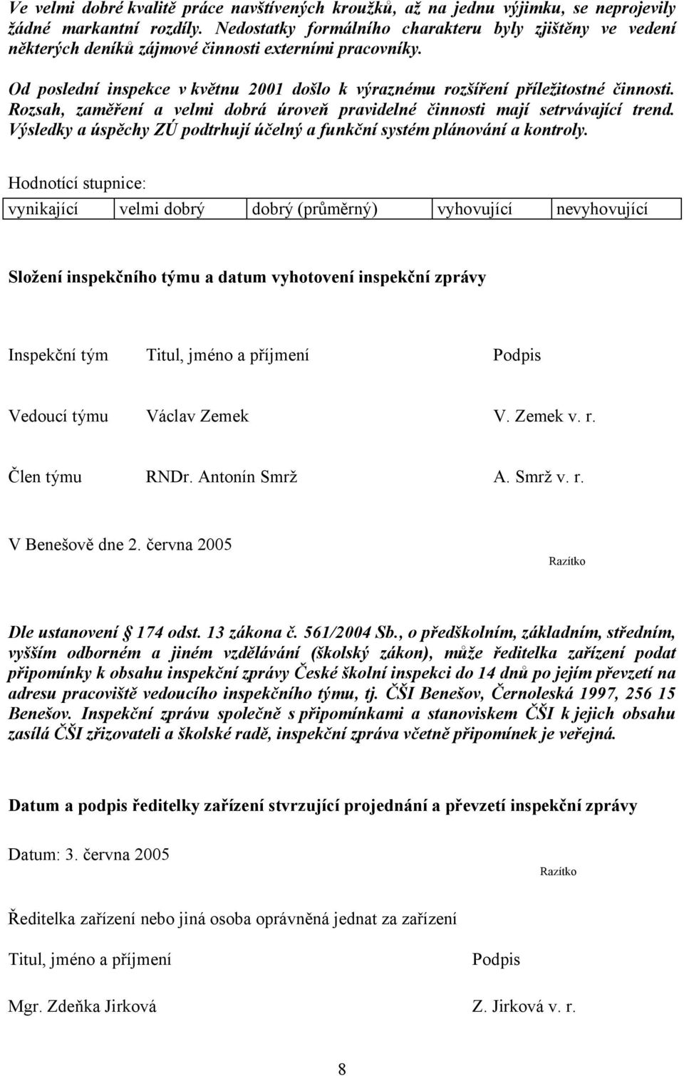 Rozsah, zaměření a velmi dobrá úroveň pravidelné činnosti mají setrvávající trend. Výsledky a úspěchy ZÚ podtrhují účelný a funkční systém plánování a kontroly.