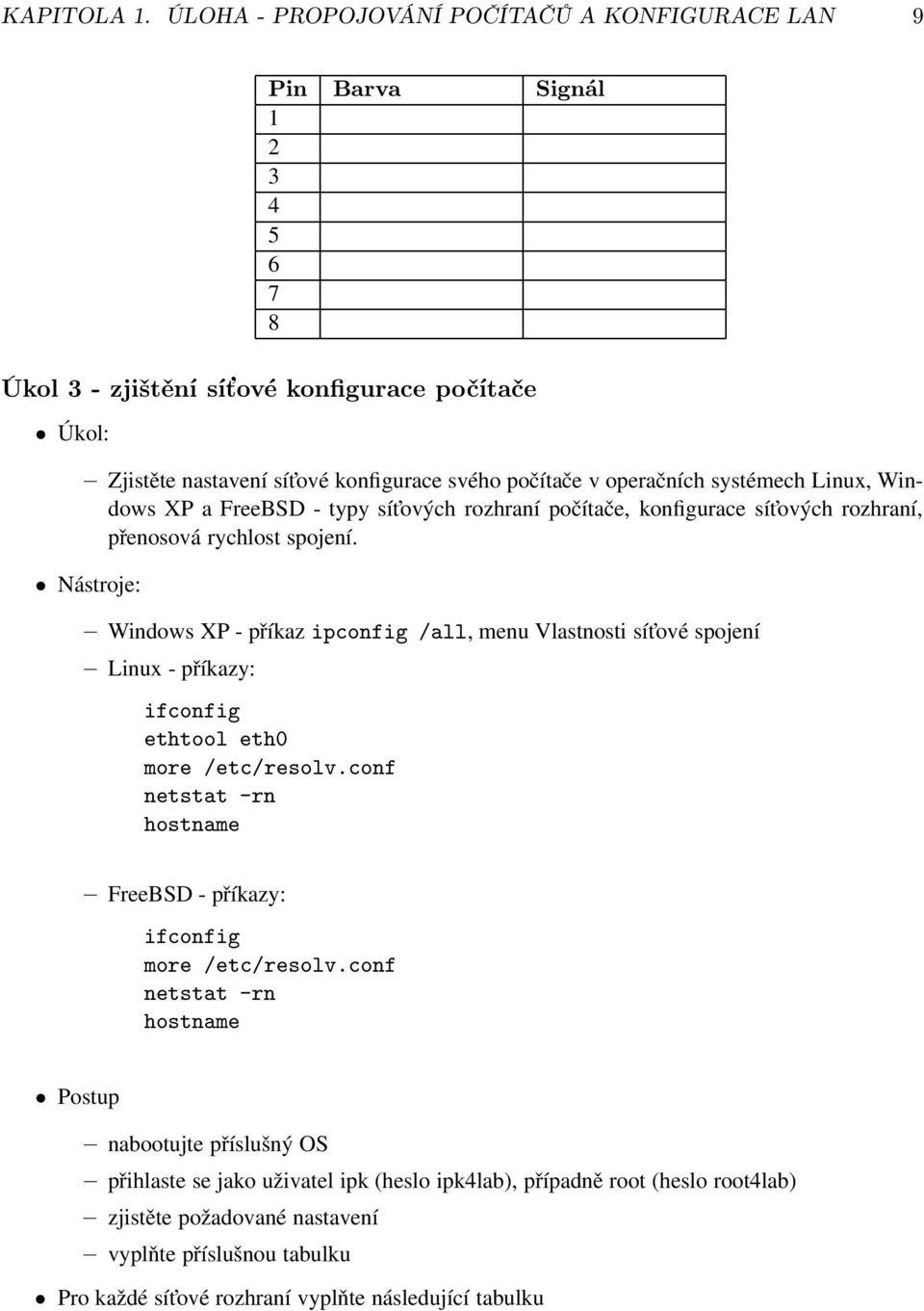 systémech Linux, Windows XP a FreeBSD - typy sít ových rozhraní počítače, konfigurace sít ových rozhraní, přenosová rychlost spojení.