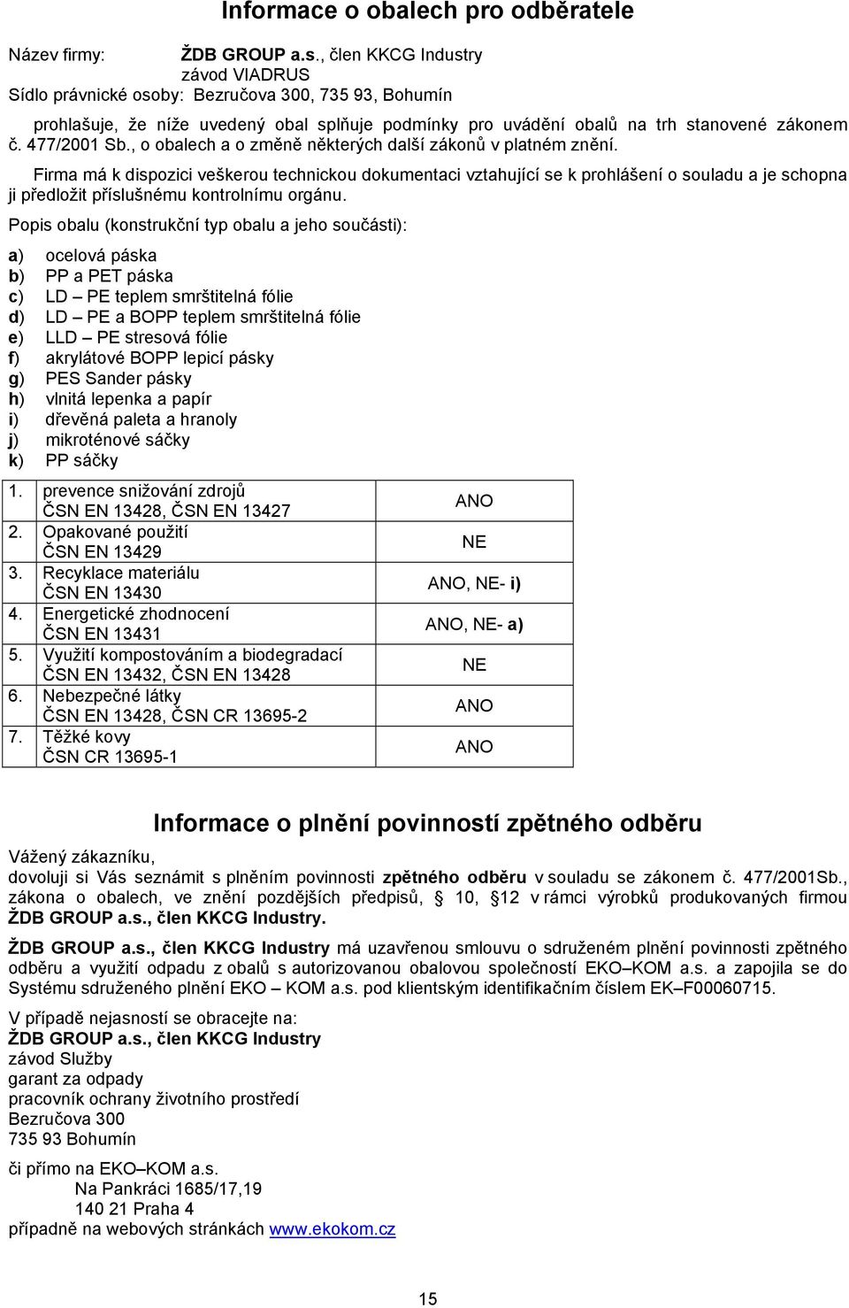 , o obalech a o změně některých další zákonů v platném znění.