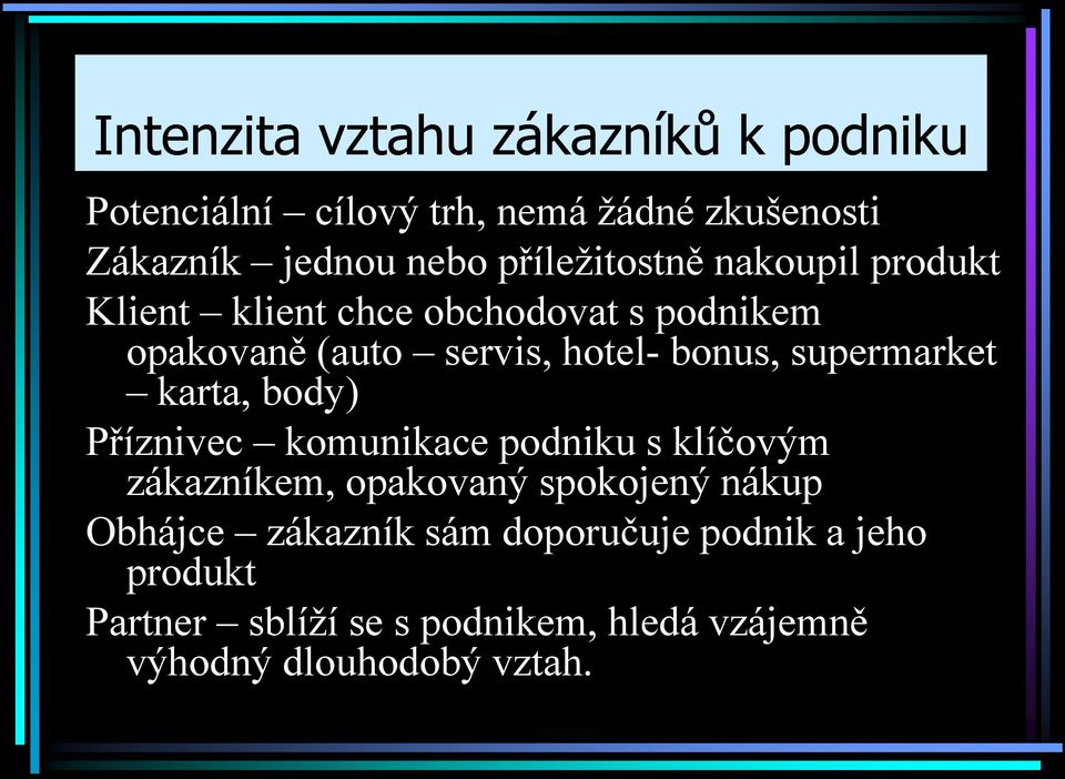 supermarket karta, body) Příznivec komunikace podniku s klíčovým zákazníkem, opakovaný spokojený nákup Obhájce