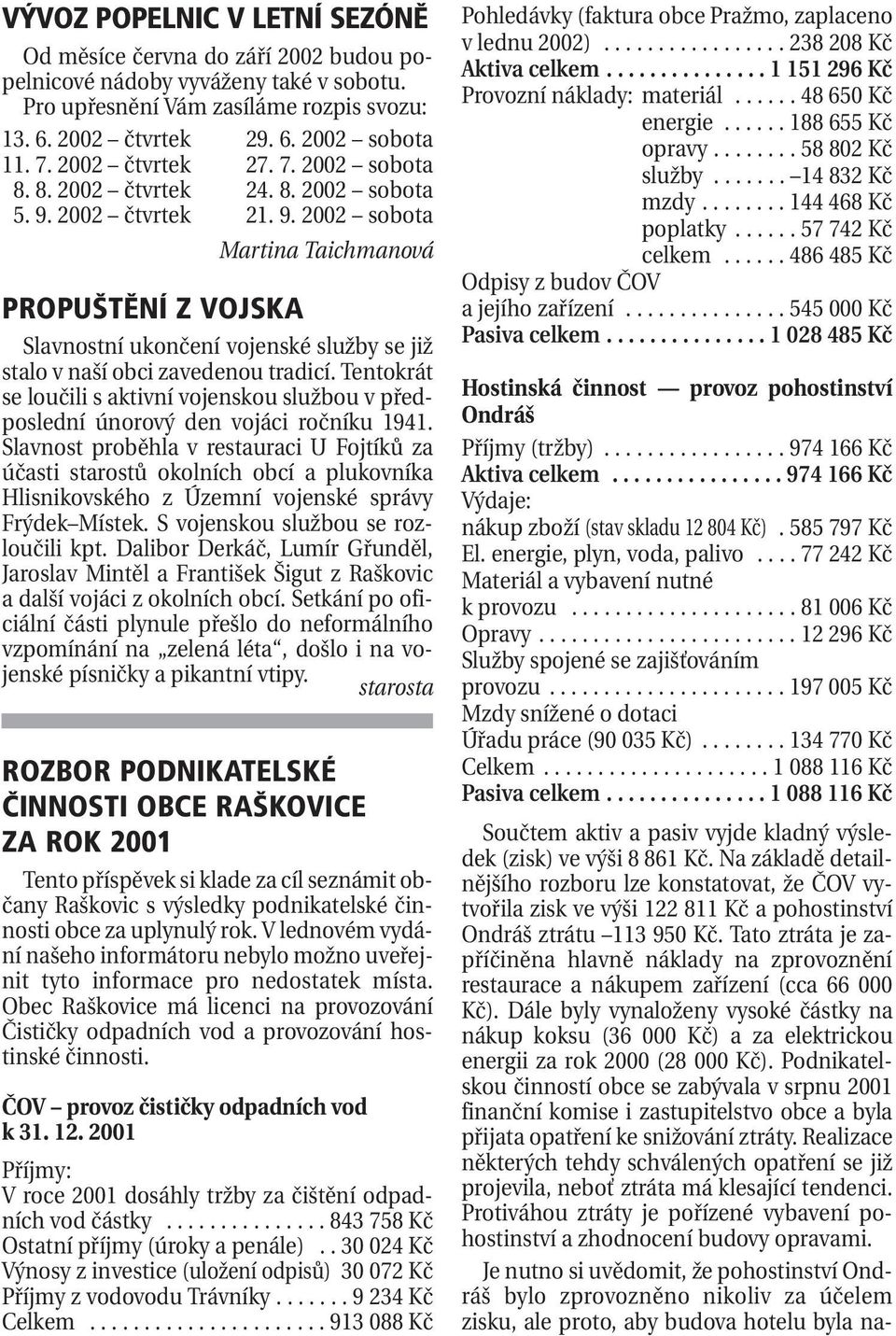 2002 čtvrtek 21. 9. 2002 sobota Martina Taichmanová PROPUŠTĚNÍ Z VOJSKA Slavnostní ukončení vojenské služby se již stalo v naší obci zavedenou tradicí.