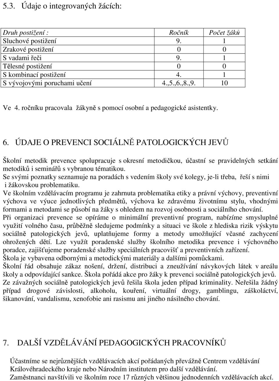 ÚDAJE O PREVENCI SOCIÁLNĚ PATOLOGICKÝCH JEVŮ Školní metodik prevence spolupracuje s okresní metodičkou, účastní se pravidelných setkání metodiků i seminářů s vybranou tématikou.