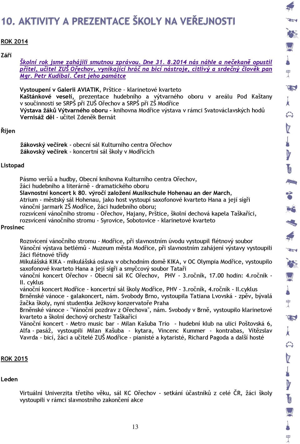 Čest jeho památce Vystoupení v Galerii AVIATIK, Prštice klarinetové kvarteto Kaštánkové veselí, prezentace hudebního a výtvarného oboru v areálu Pod Kaštany v součinnosti se SRPŠ při ZUŠ Ořechov a