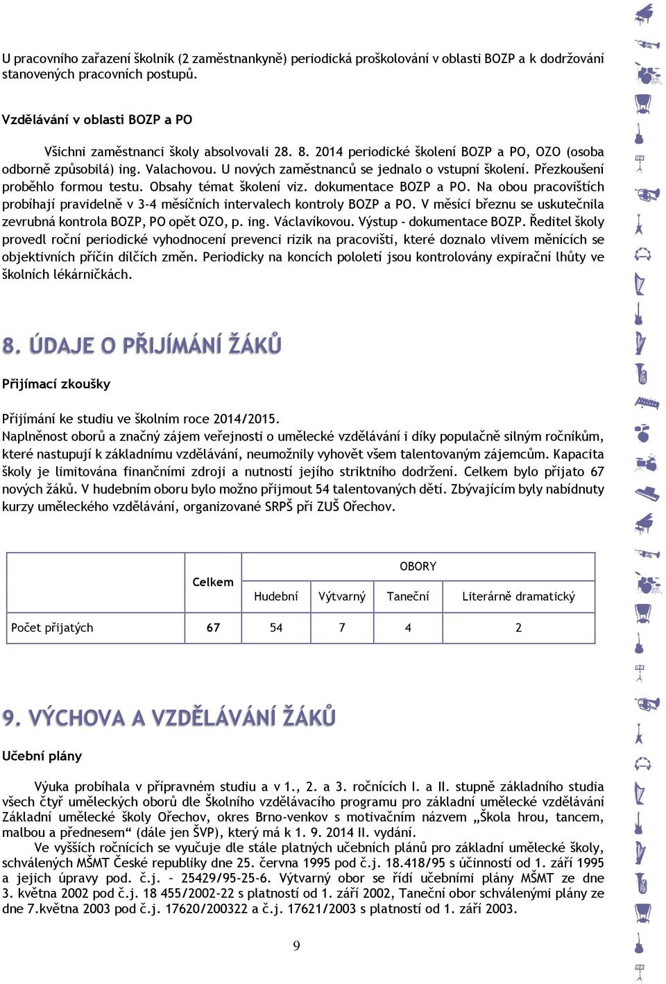 U nových zaměstnanců se jednalo o vstupní školení. Přezkoušení proběhlo formou testu. Obsahy témat školení viz. dokumentace BOZP a PO.