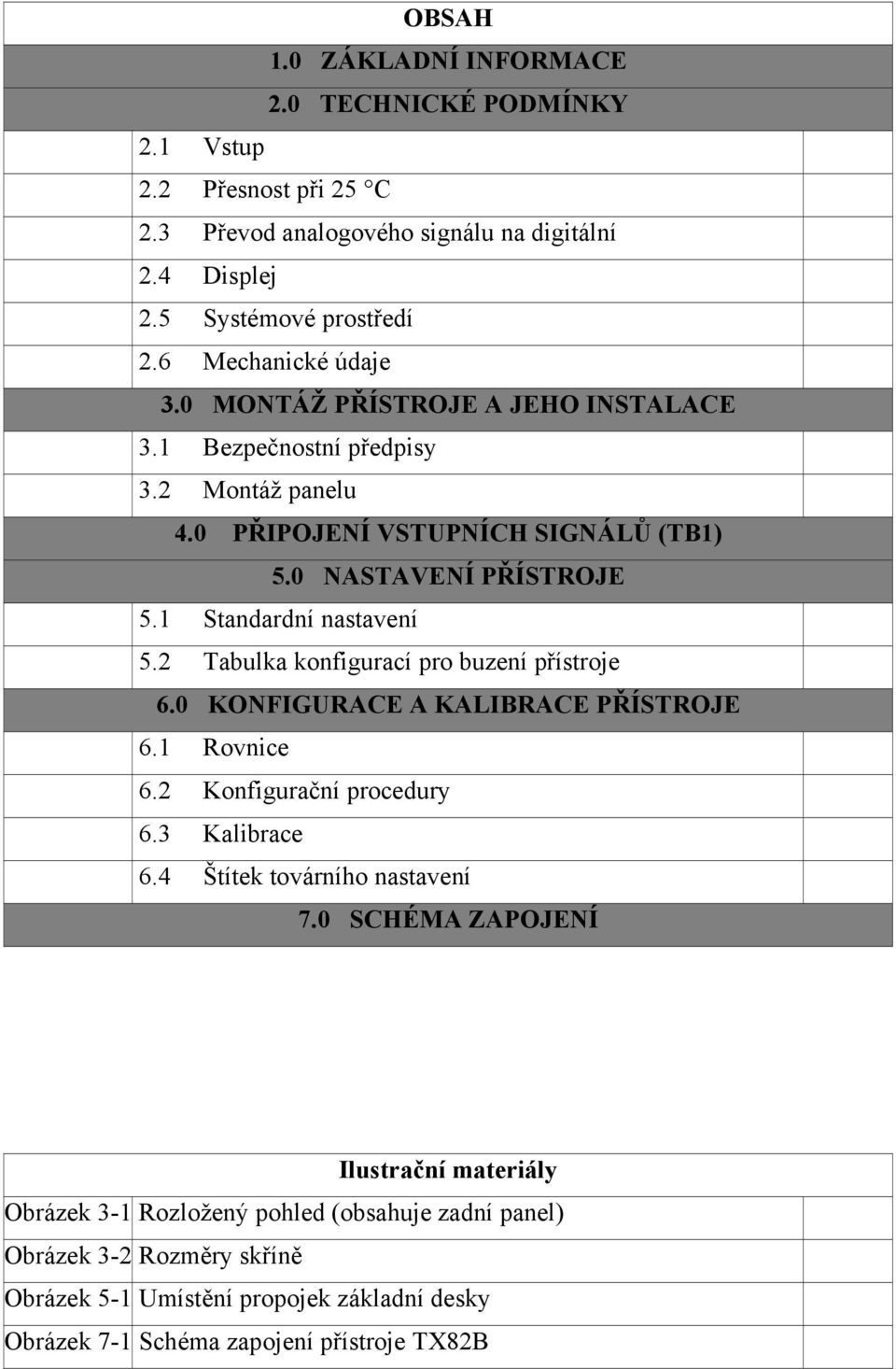 1 Standardní nastavení 5.2 Tabulka konfigurací pro buzení přístroje 6.0 KONFIGURACE A KALIBRACE PŘÍSTROJE 6.1 Rovnice 6.2 Konfigurační procedury 6.3 Kalibrace 6.