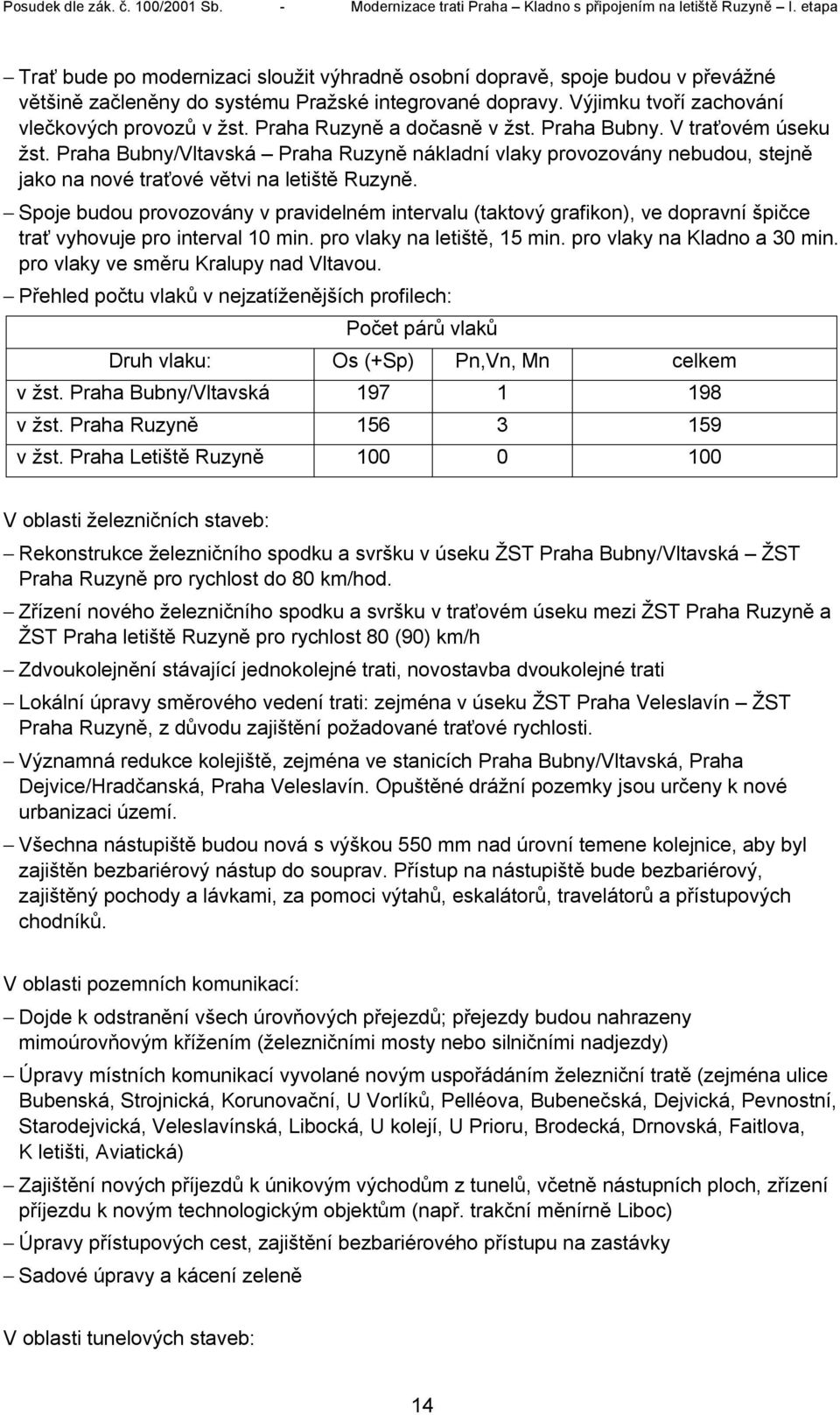 Spoje budou provozovány v pravidelném intervalu (taktový grafikon), ve dopravní špičce trať vyhovuje pro interval 10 min. pro vlaky na letiště, 15 min. pro vlaky na Kladno a 30 min.