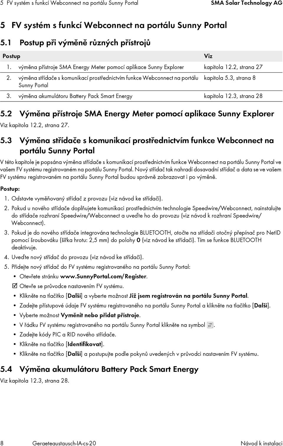 3, strana 8 Sunny Portal 3. výměna akumulátoru Battery Pack Smart Energy kapitola 12.3, strana 28 5.