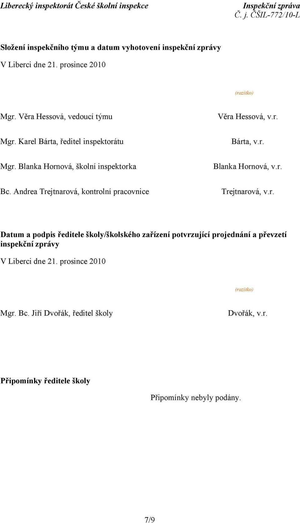 r. Bc. Andrea Trejtnarová, kontrolní pracovnice Trejtnarová, v.r. Datum a podpis ředitele školy/školského zařízení potvrzující projednání a převzetí inspekční zprávy V Liberci dne 21.