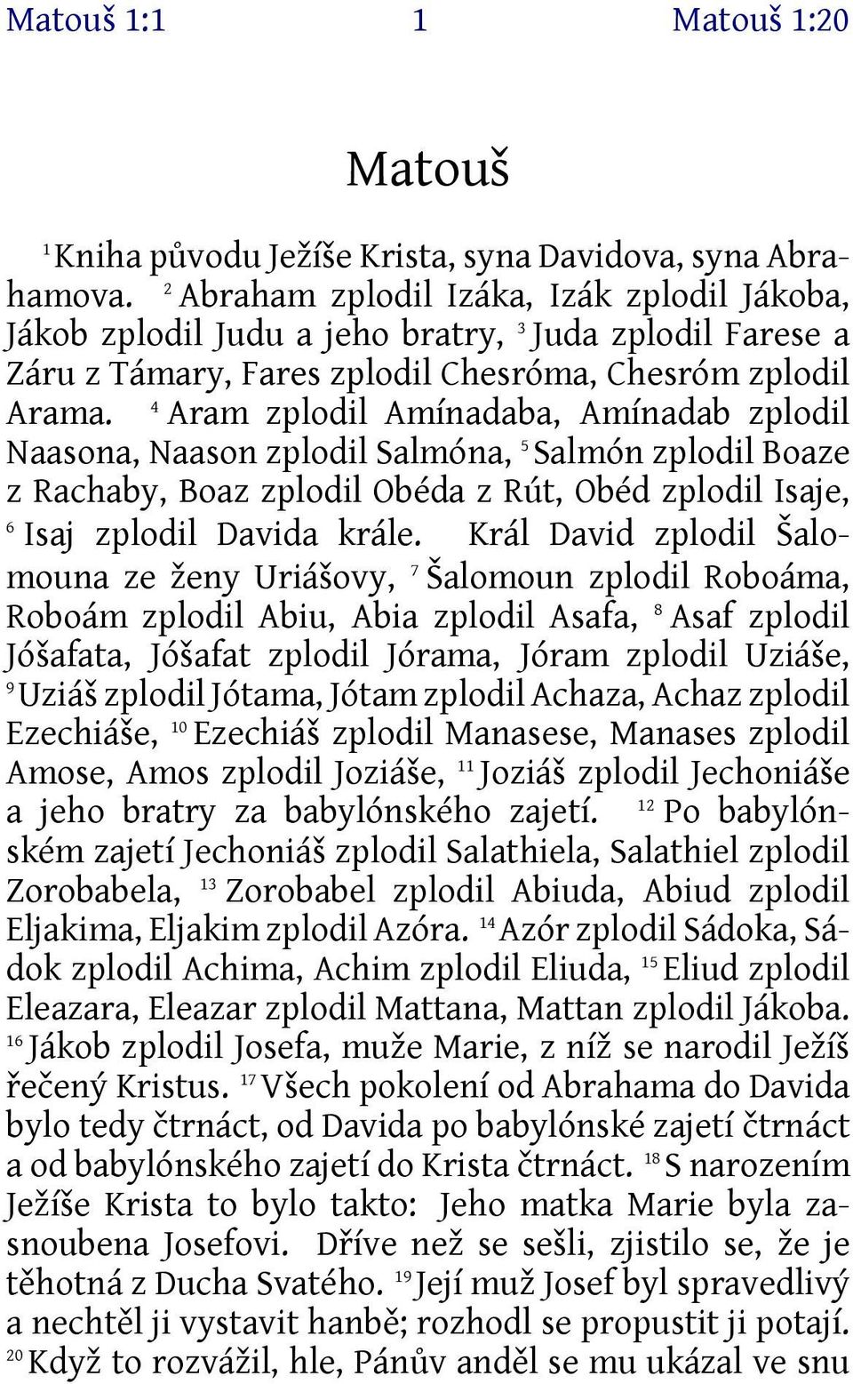 4 Aram zplodil Amínadaba, Amínadab zplodil Naasona, Naason zplodil Salmóna, 5 Salmón zplodil Boaze z Rachaby, Boaz zplodil Obéda z Rút, Obéd zplodil Isaje, 6 Isaj zplodil Davida krále.