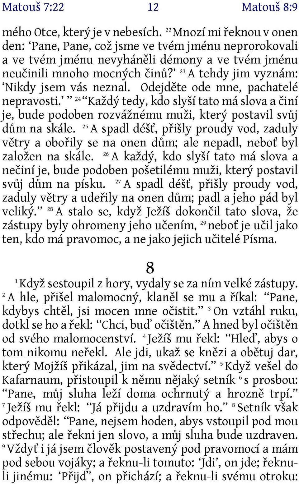 23 A tehdy jim vyznám: Nikdy jsem vás neznal. Odejděte ode mne, pachatelé nepravosti.