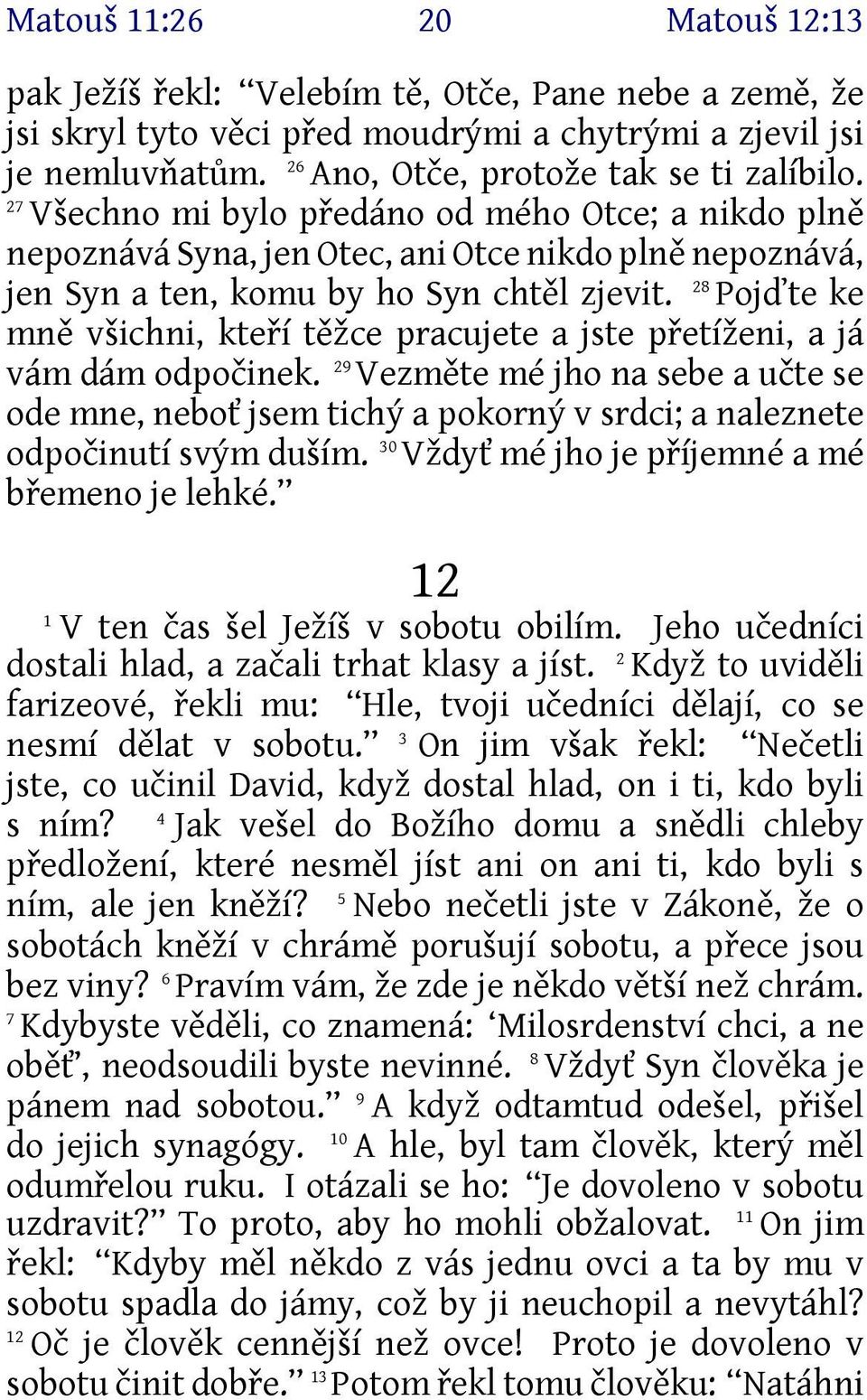 28 Pojďte ke mně všichni, kteří těžce pracujete a jste přetíženi, a já vám dám odpočinek.